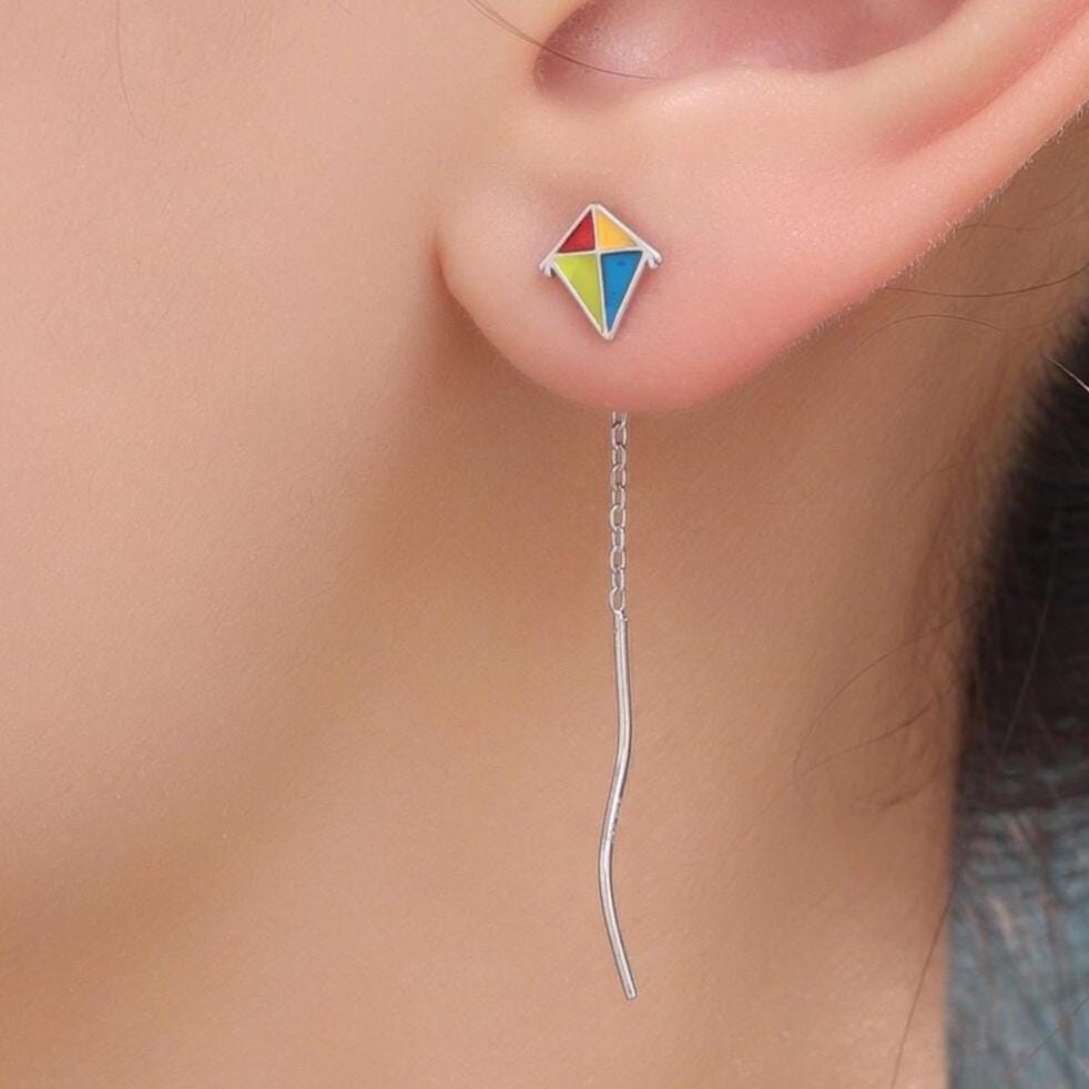 Sterling Silver Flying Kite Threader Earrings, Silver or Gold, Enamel Kite Dangle Drop Earrings, Cute and Quirky Design