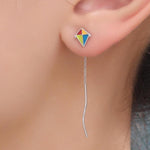 Sterling Silver Flying Kite Threader Earrings, Silver or Gold, Enamel Kite Dangle Drop Earrings, Cute and Quirky Design