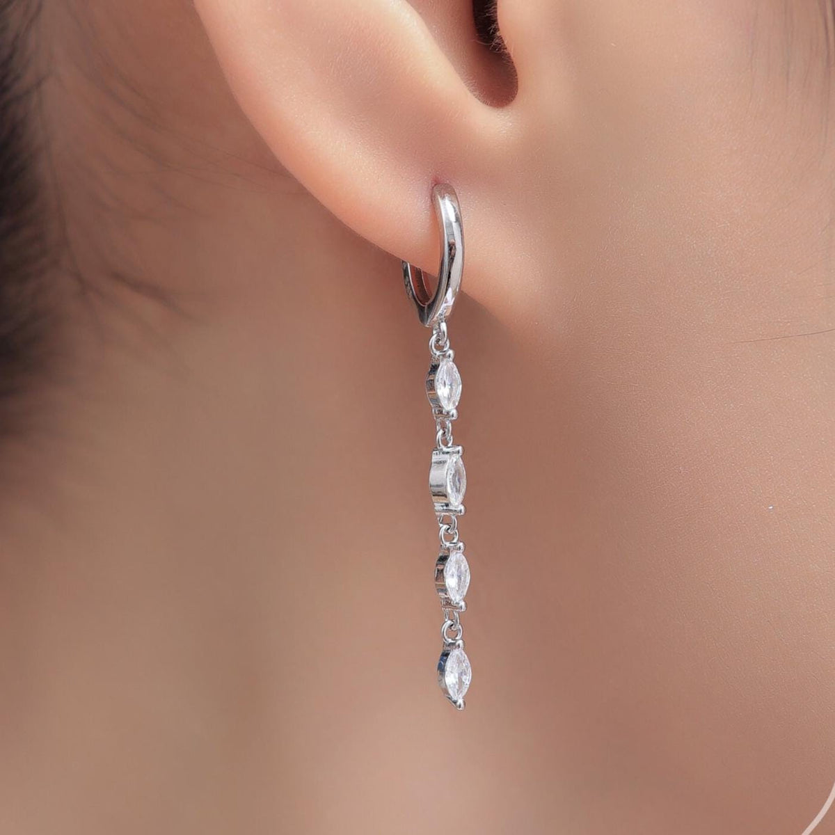 Asymmetric Marquise CZ Dangle Huggie Hoop Earrings in Sterling Silver, Silver or Gold, Geometric Hoop Earrings, Clear CZ Mismatched Design