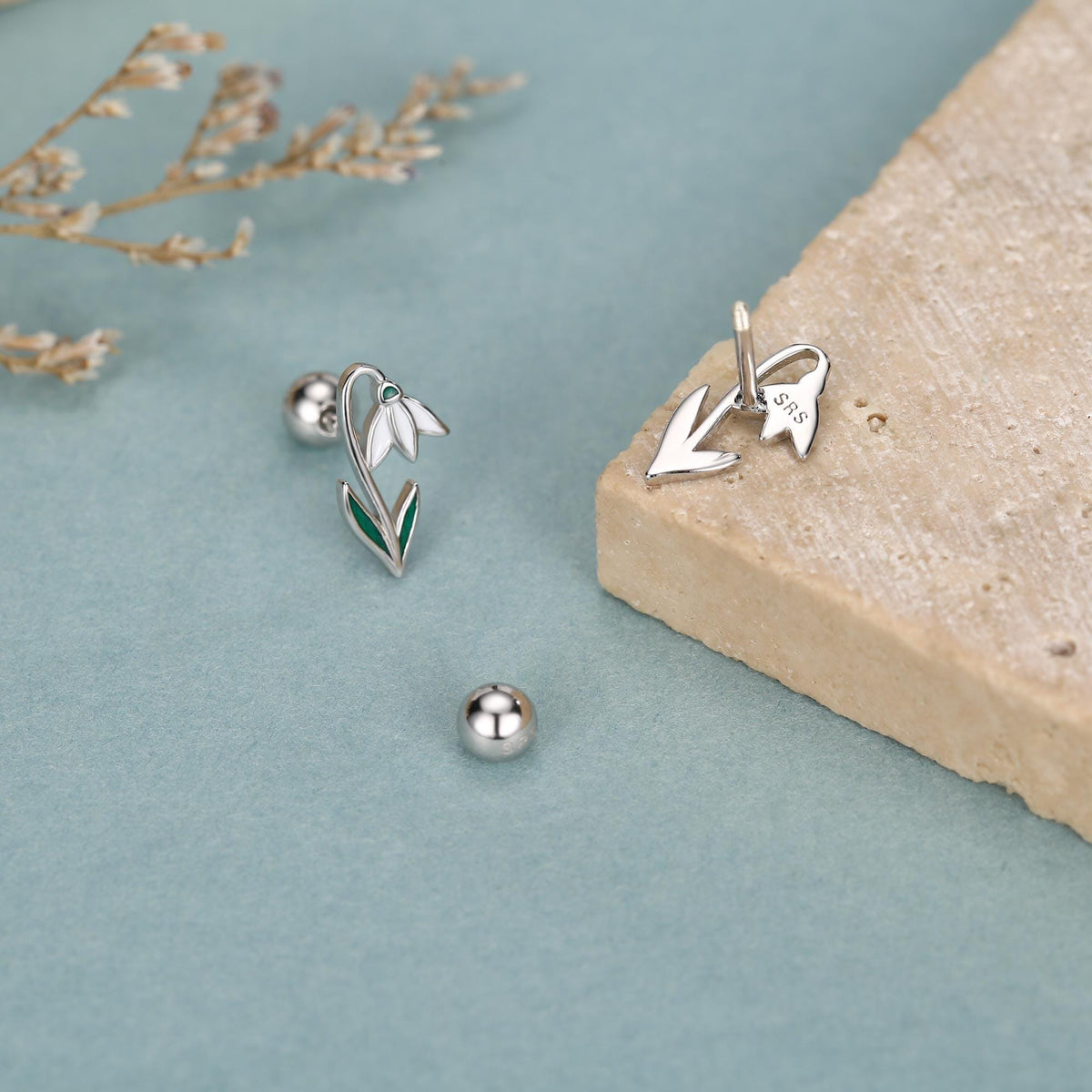 Sterling Silver Snowdrop Flower 18G Screw Back Earrings