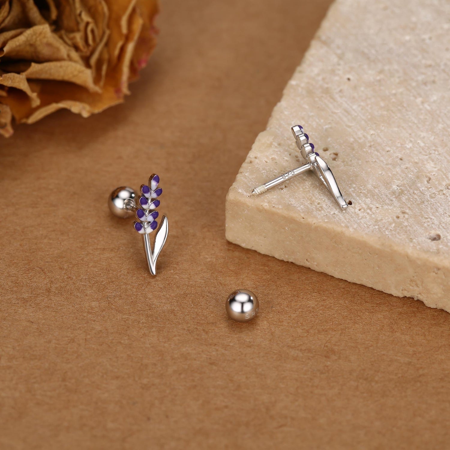 Sterling Silver Lavender Flower 18G Screw Back Earrings
