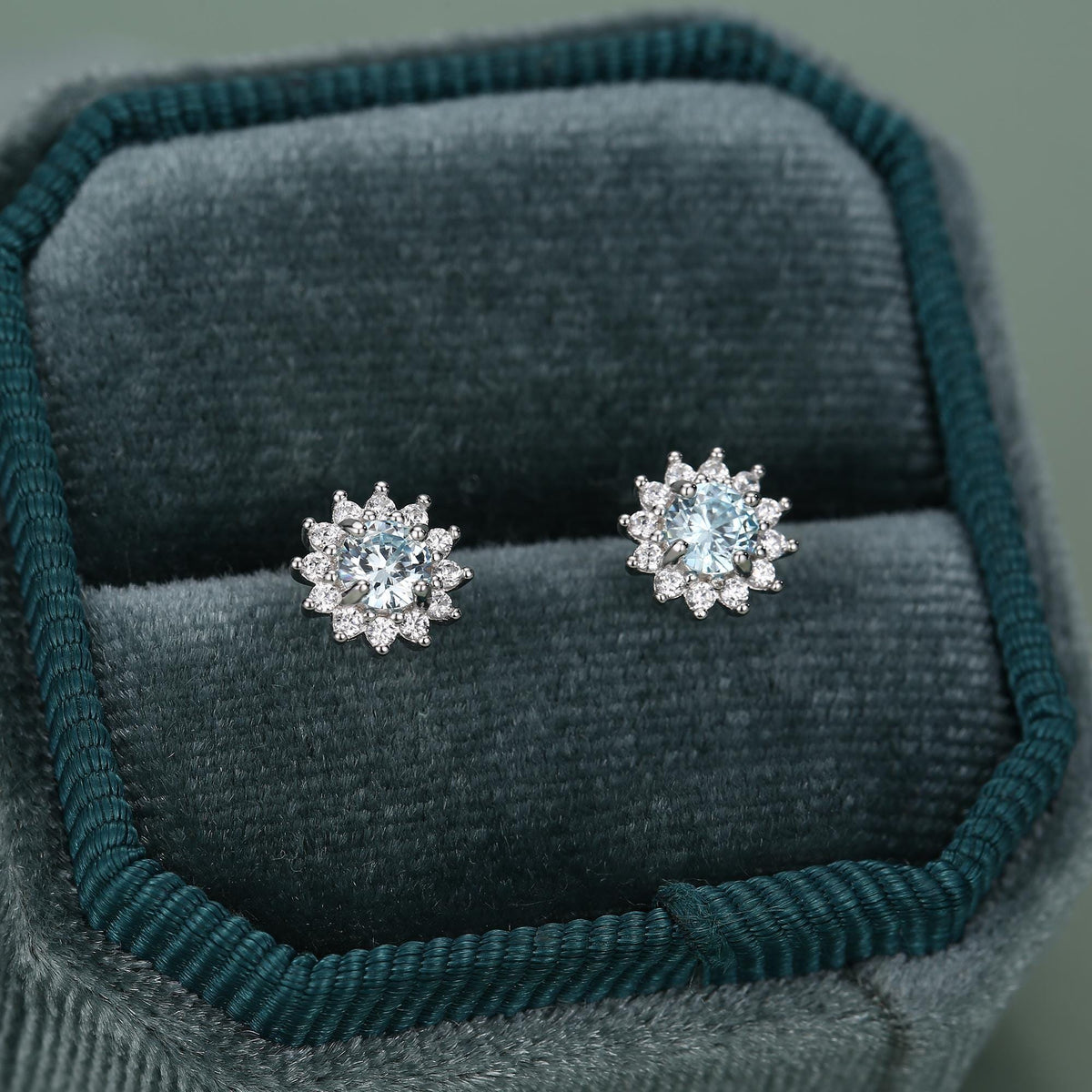 Sterling Silver Aquamarine Blue CZ Flower Stud Earrings