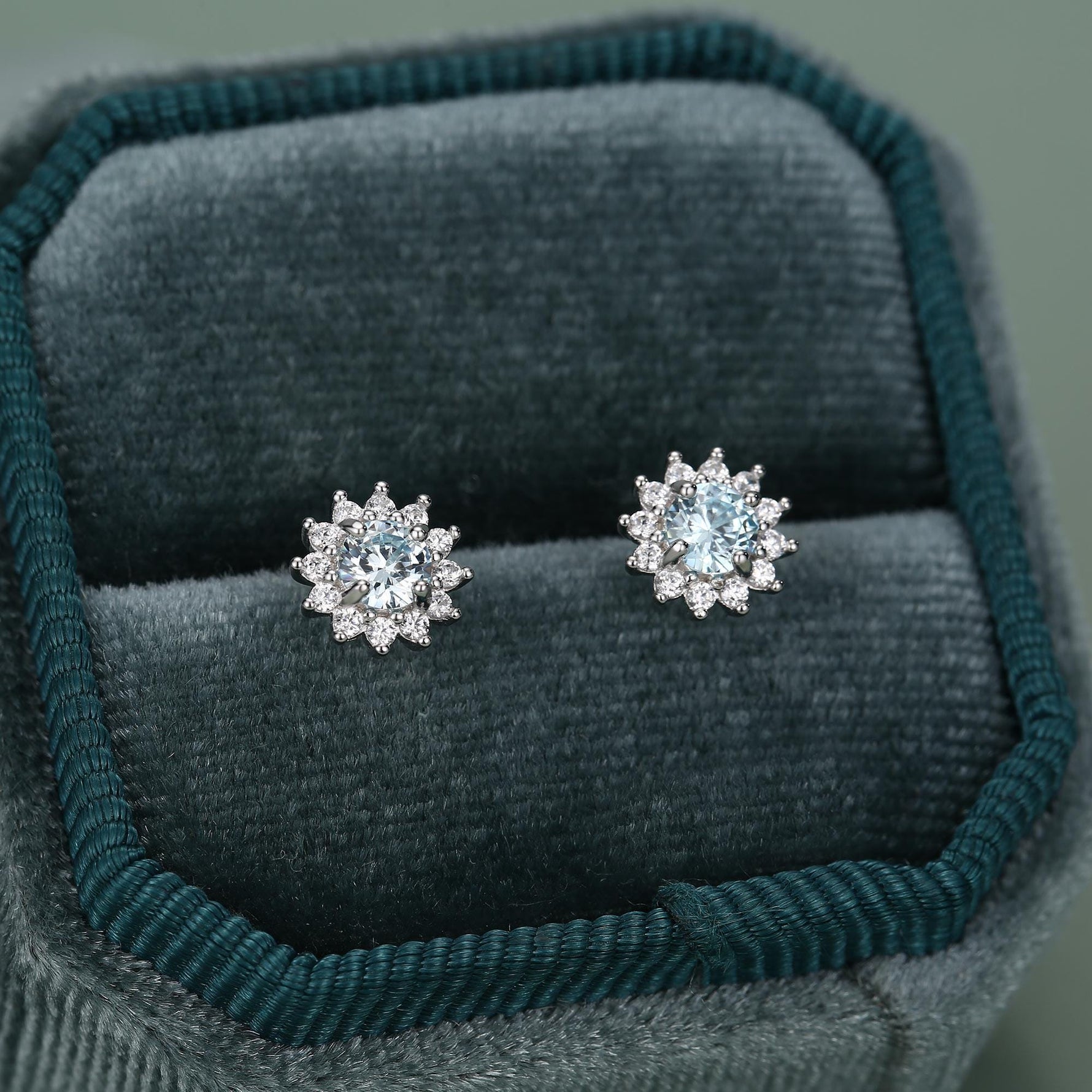 Sterling Silver Aquamarine Blue CZ Flower Stud Earrings