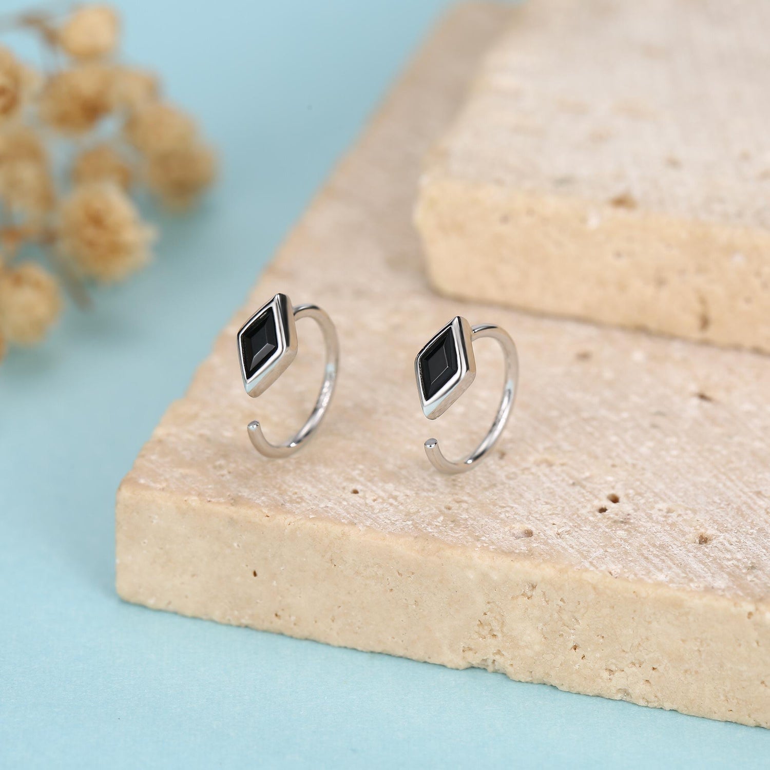 Sterling Silver Black Rhombus CZ Open Hoop Earrings