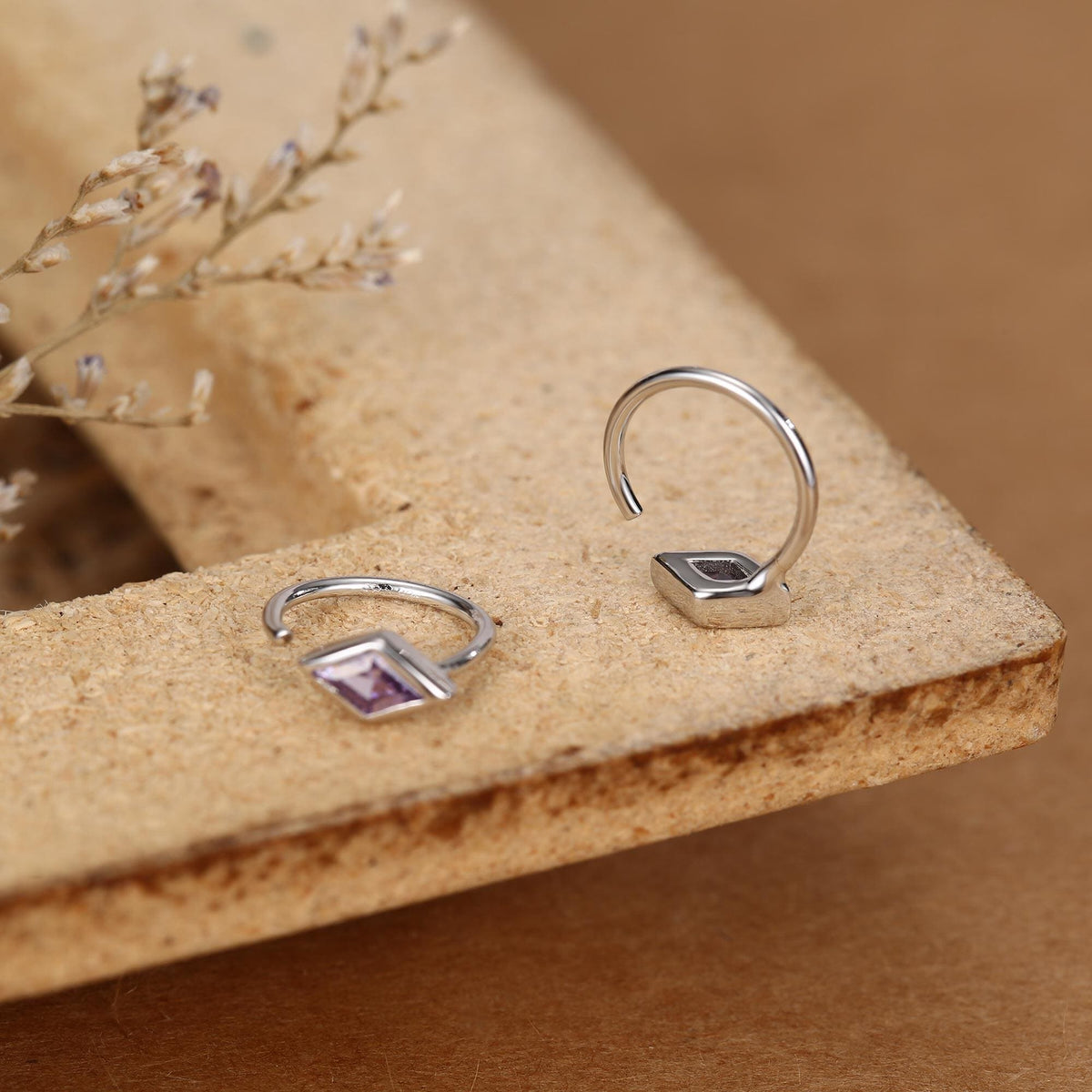 Sterling Silver Amethyst Purple Rhombus CZ Open Hoop Earrings
