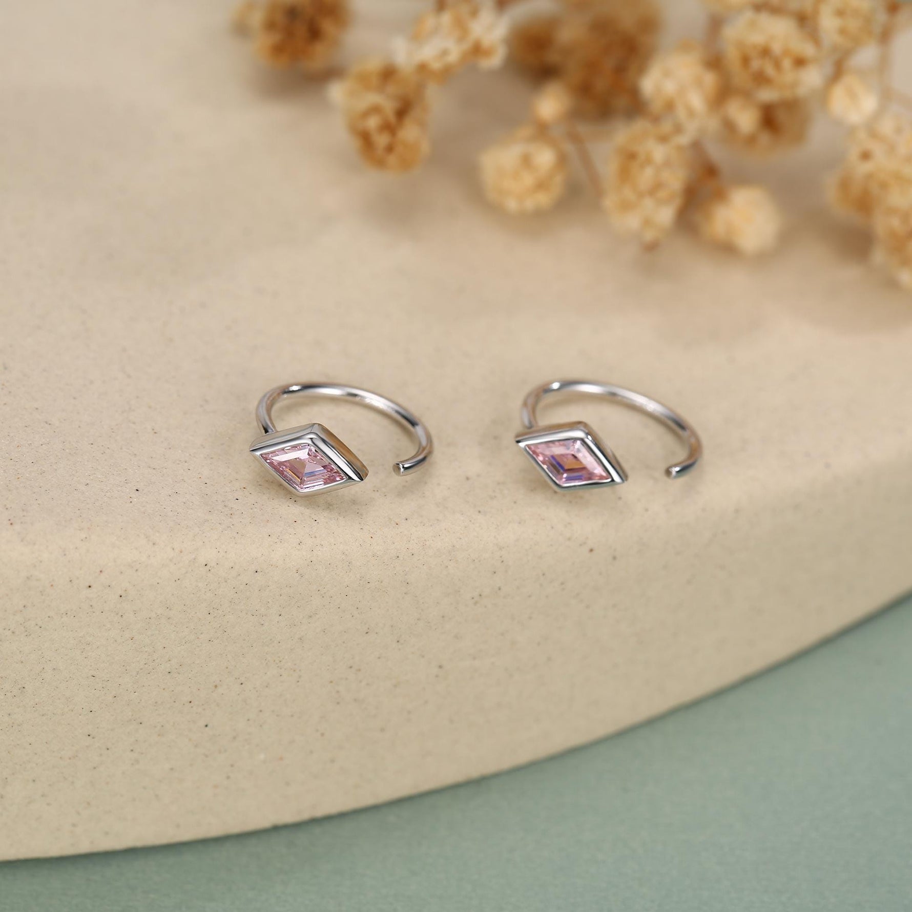 Sterling Silver Pink Crystal Diamond Open Hoop Earrings