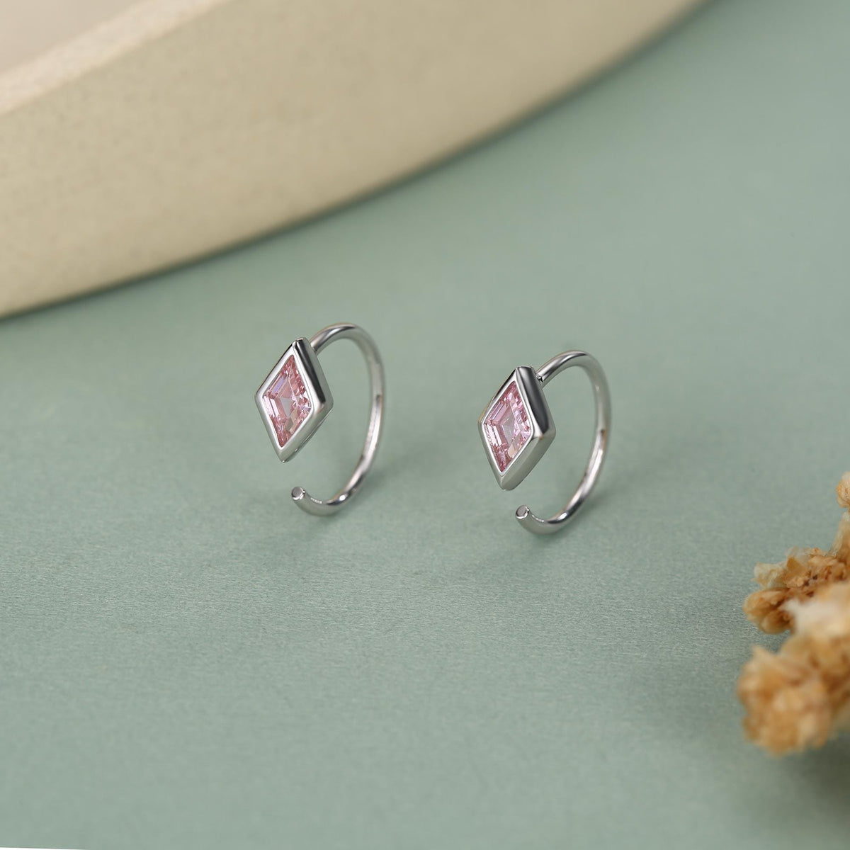Sterling Silver Pink Crystal Diamond Open Hoop Earrings