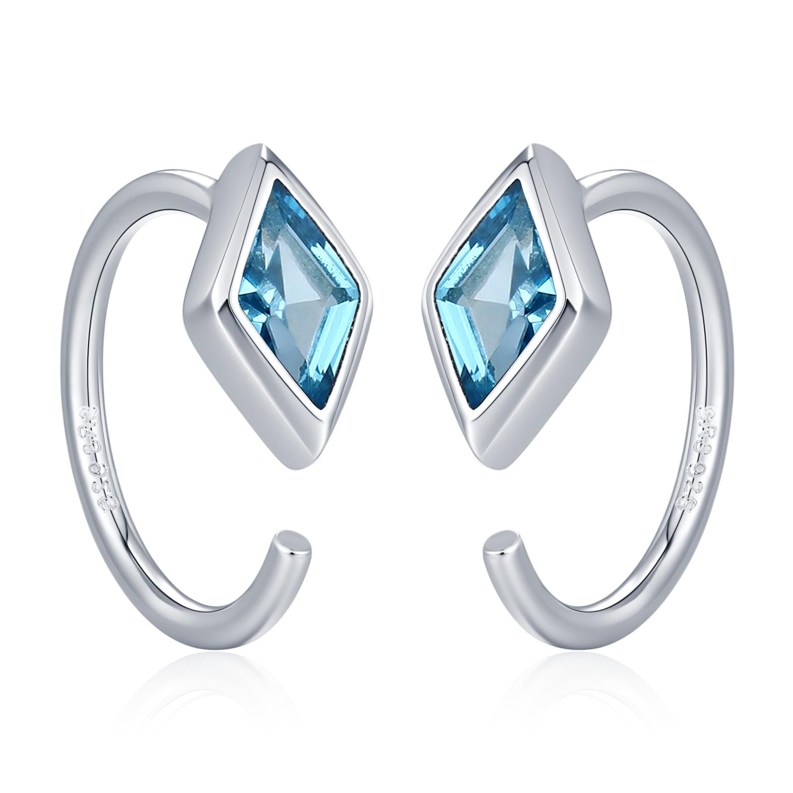 Sterling Silver Blue Crystal Diamond Open Hoop Earrings
