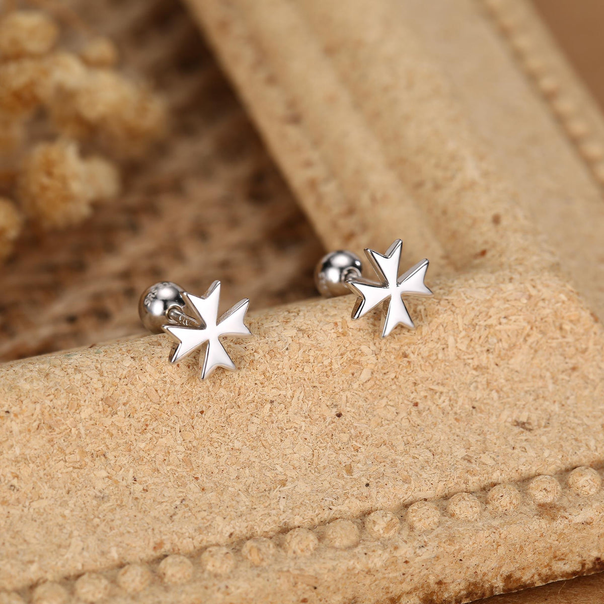 Sterling Silver Maltese Cross 18G Screw Back Earrings with Ball Backs