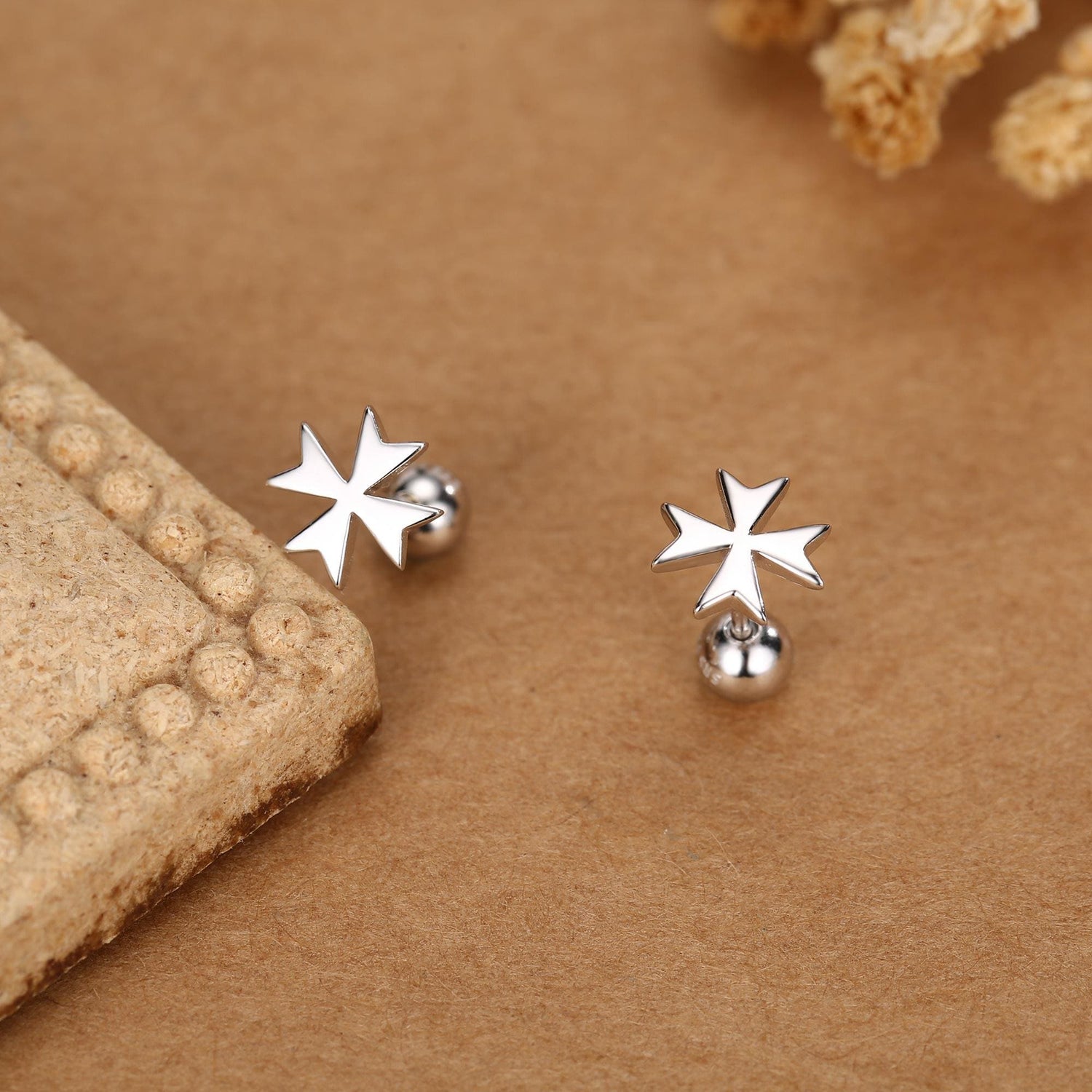 Sterling Silver Maltese Cross 18G Screw Back Earrings with Ball Backs