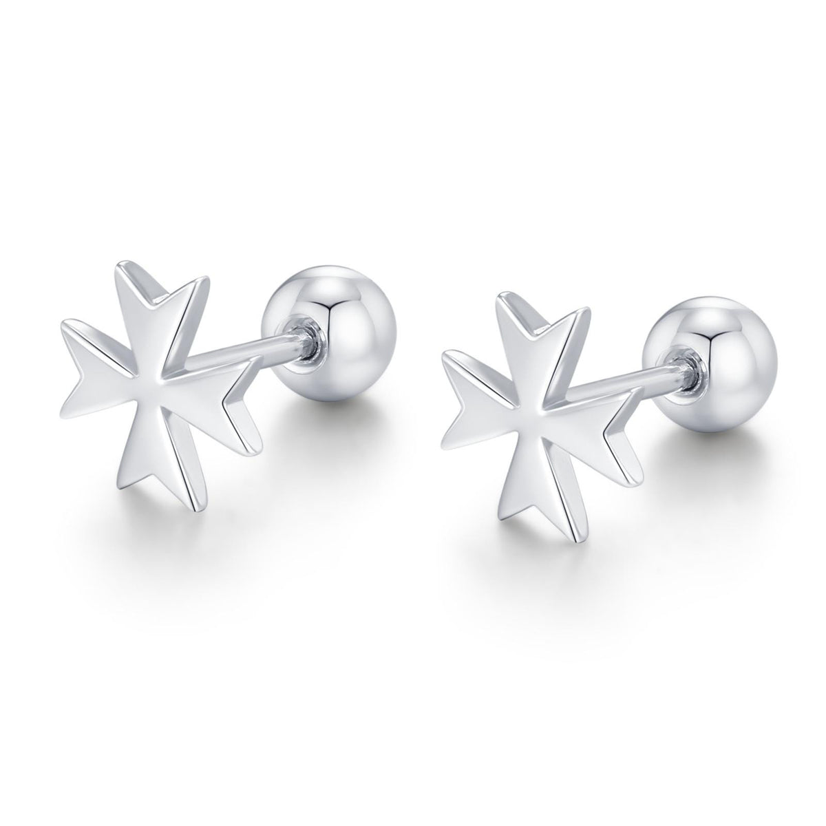 Sterling Silver Maltese Cross 18G Screw Back Earrings with Ball Backs