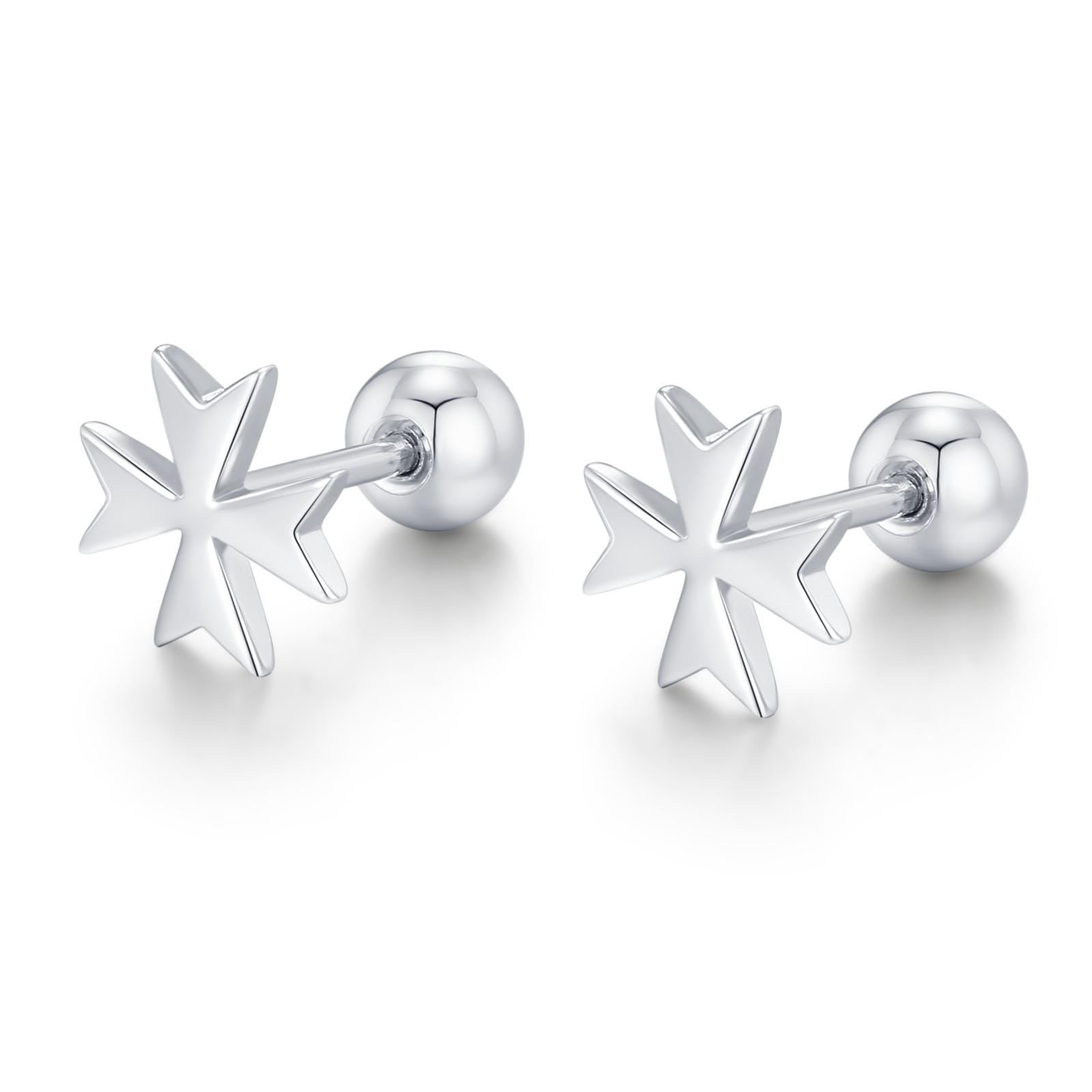 Sterling Silver Maltese Cross 18G Screw Back Earrings with Ball Backs