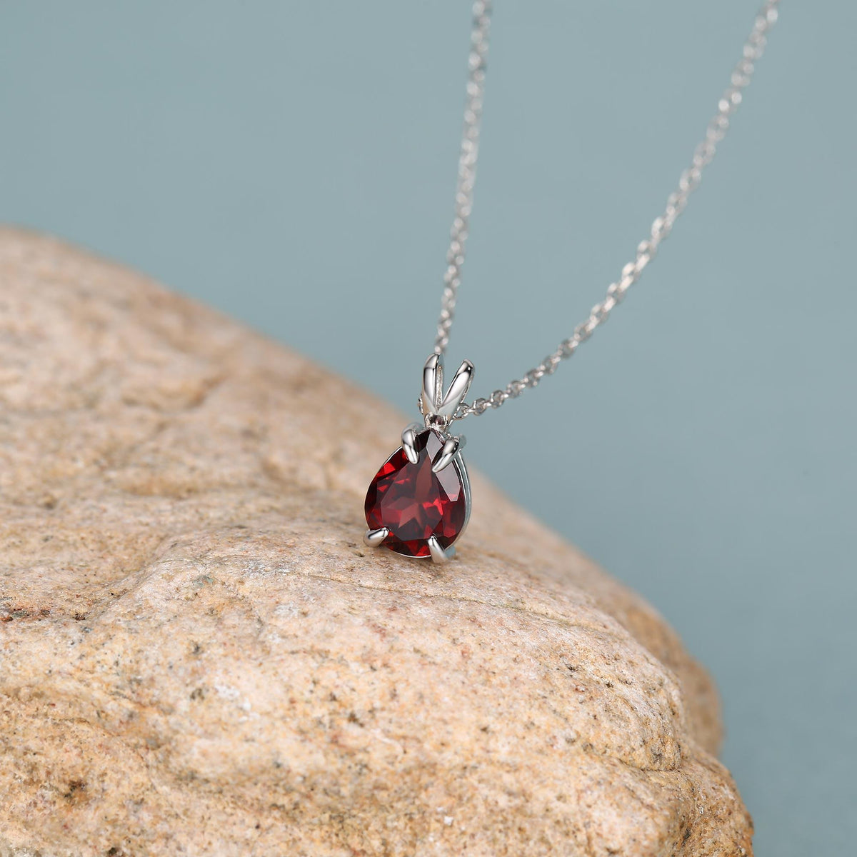 Sterling Silver Genuine Garnet Teardrop Necklace