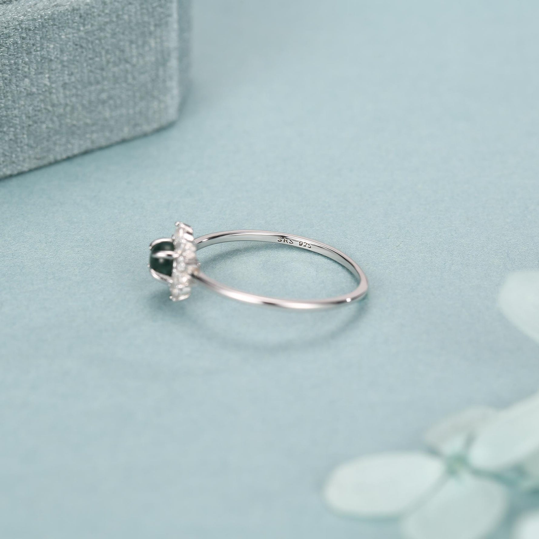 Sterling Silver Moss Agate and CZ Flower Ring