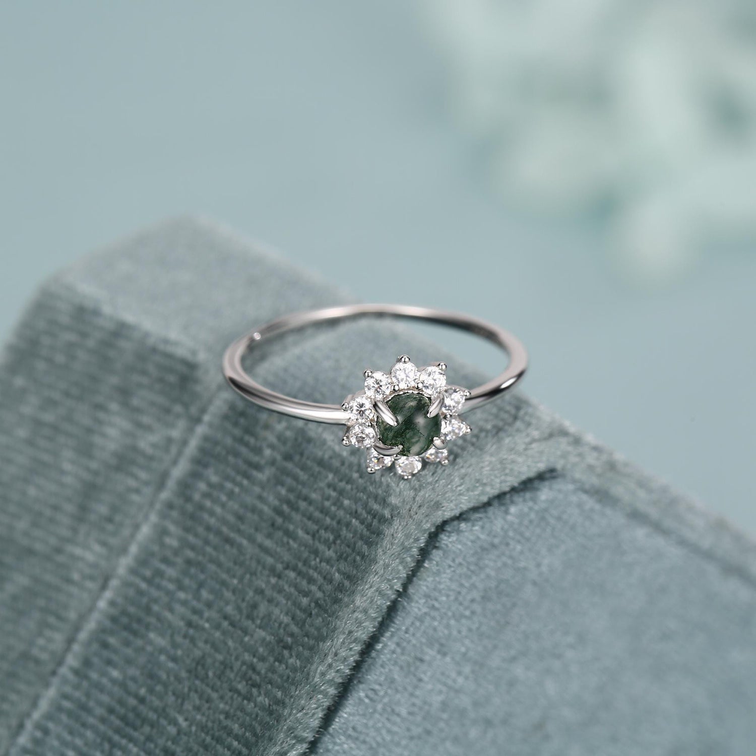 Sterling Silver Moss Agate and CZ Flower Ring