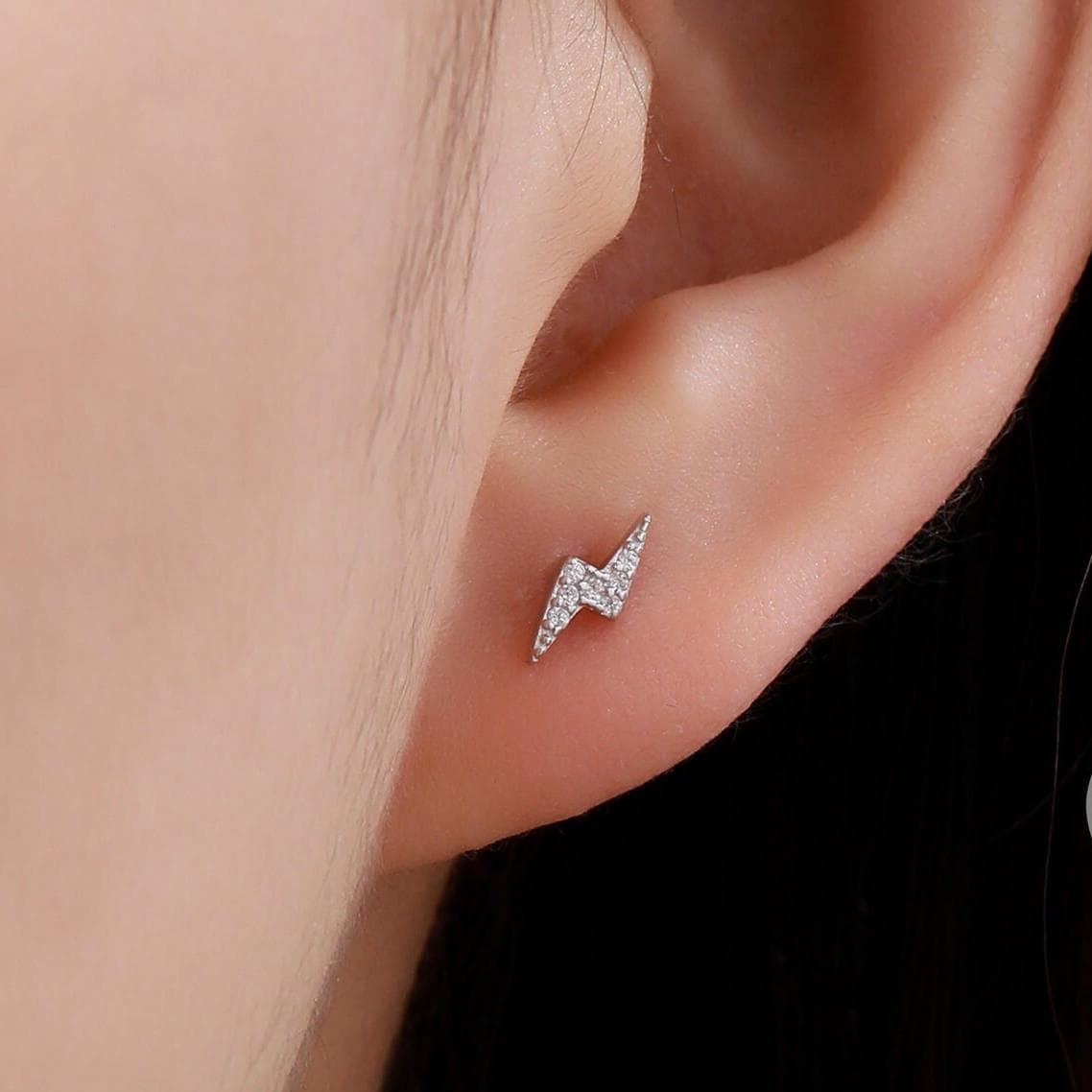 Sterling Silver CZ Lightning Bolt 16G Flat Back Earrings