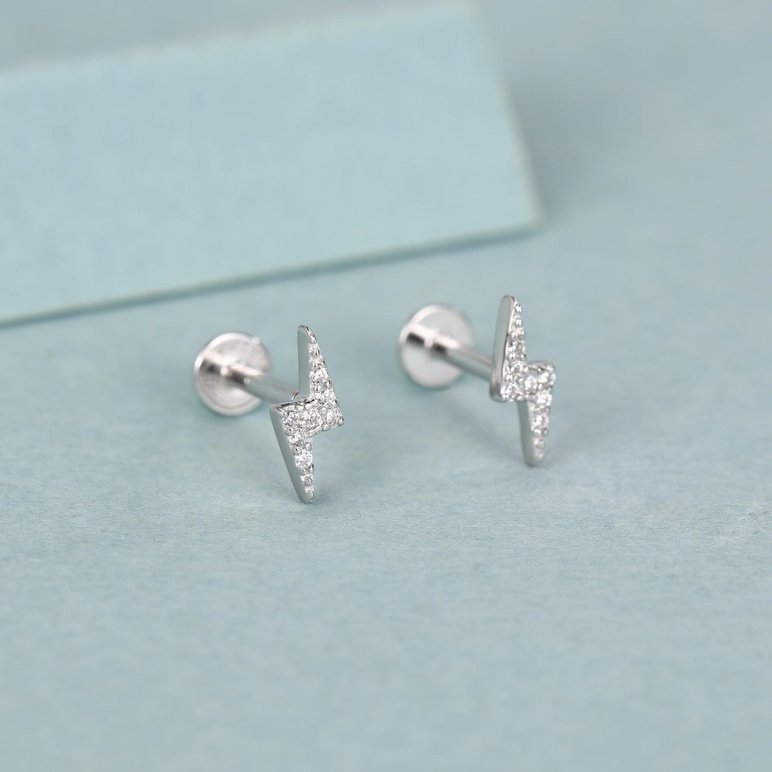 Sterling Silver CZ Lightning Bolt 16G Flat Back Earrings