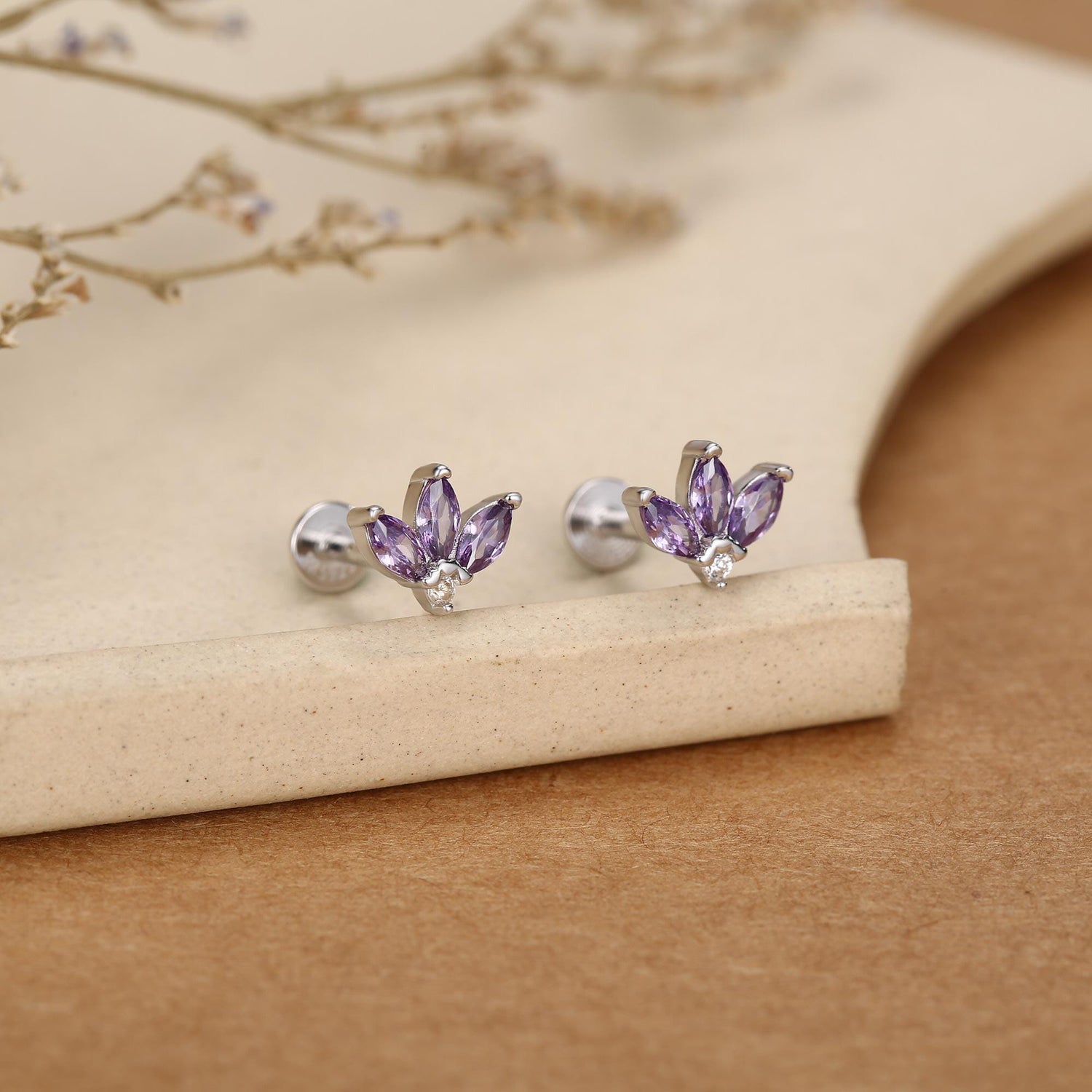 Sterling Silver Purple Marquise CZ Lotus 16G Flat Back Earrings