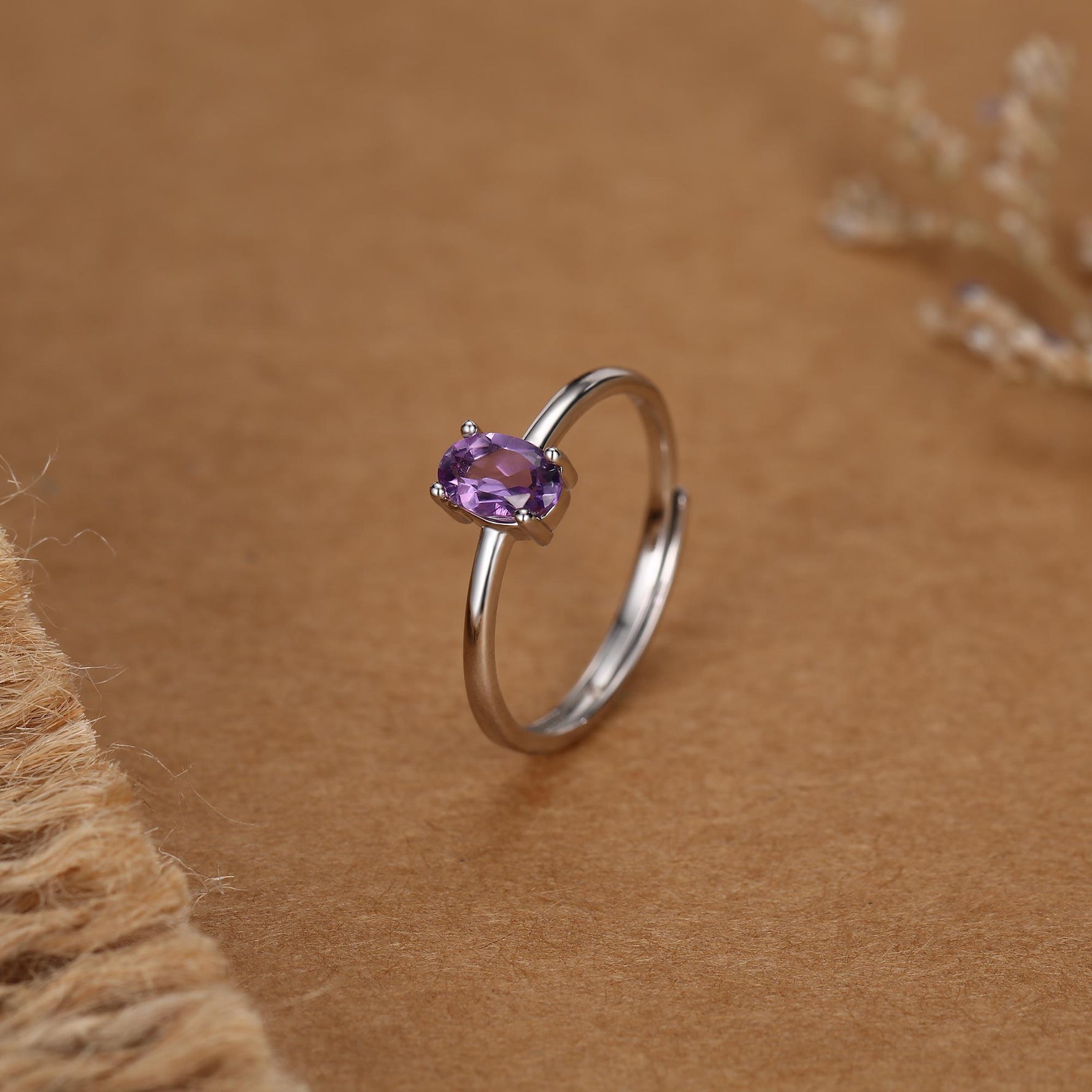 Natural Amethyst Oval Ring in Sterling Silver, 4x6mm, Prong Set Oval Cut, Adjustable Size, Genuine Amethyst Ring, February Birthstone