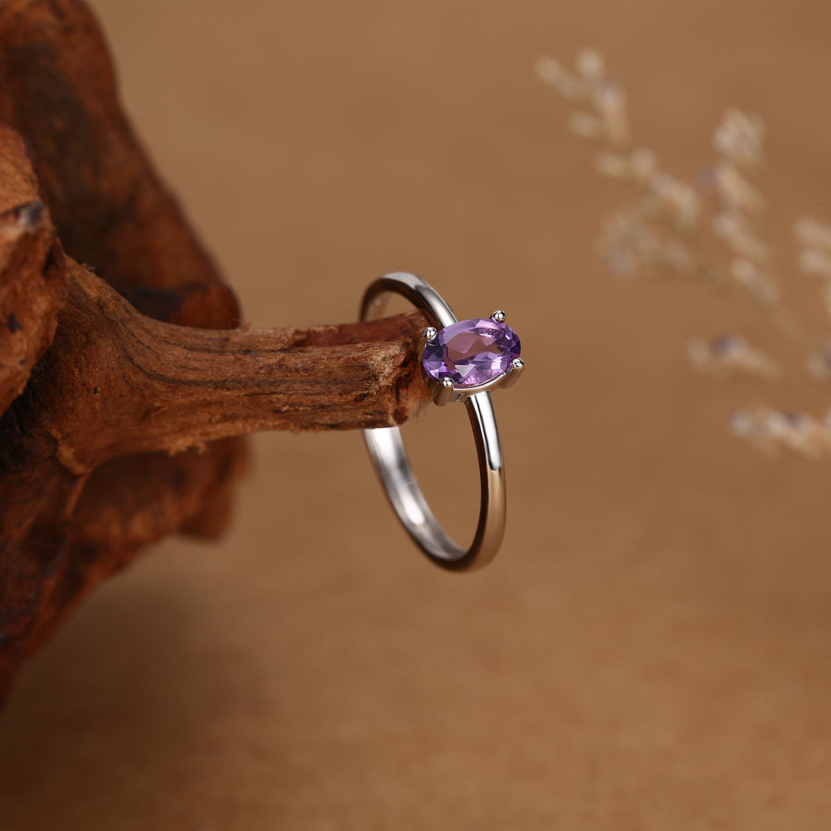 Natural Amethyst Oval Ring in Sterling Silver, 4x6mm, Prong Set Oval Cut, Adjustable Size, Genuine Amethyst Ring, February Birthstone
