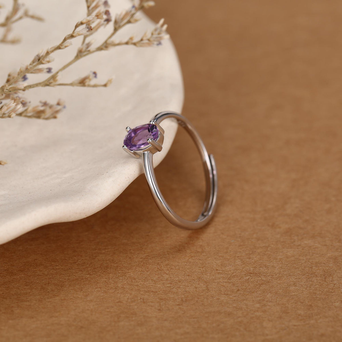 Natural Amethyst Oval Ring in Sterling Silver, 4x6mm, Prong Set Oval Cut, Adjustable Size, Genuine Amethyst Ring, February Birthstone
