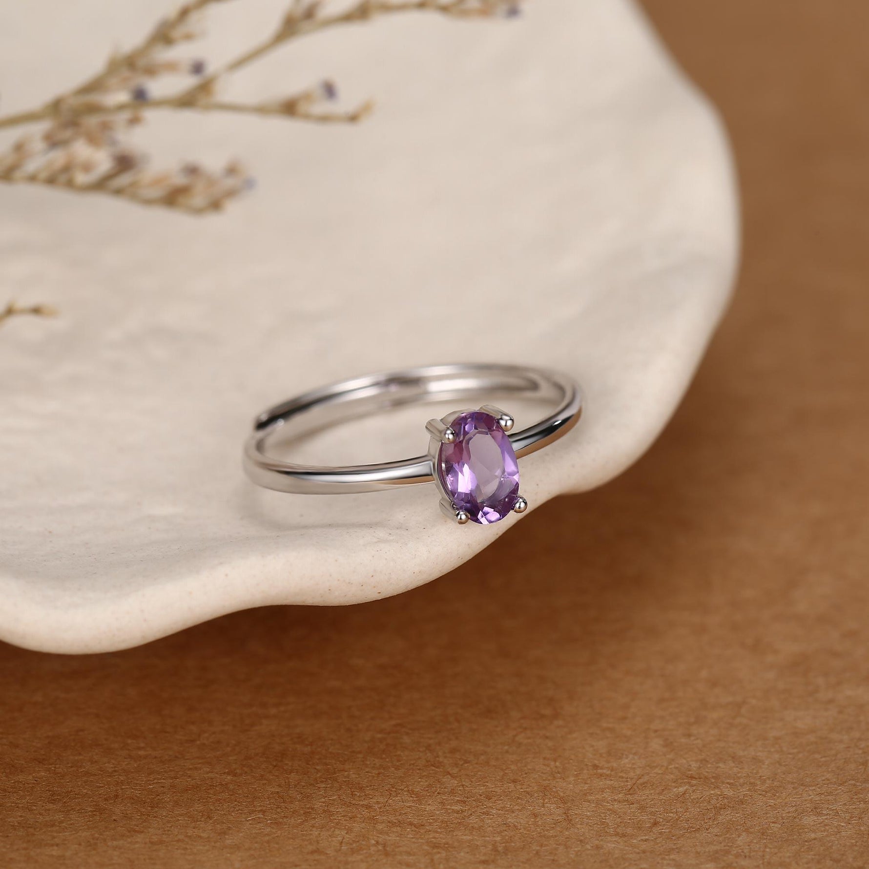Natural Amethyst Oval Ring in Sterling Silver, 4x6mm, Prong Set Oval Cut, Adjustable Size, Genuine Amethyst Ring, February Birthstone