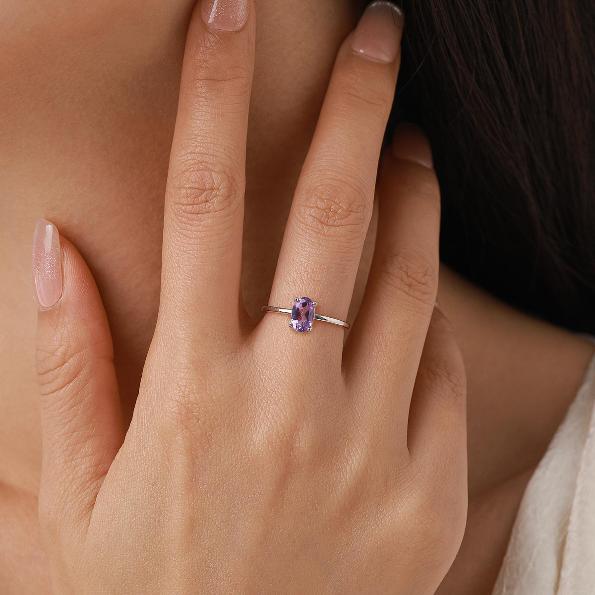 Natural Amethyst Oval Ring in Sterling Silver, 4x6mm, Prong Set Oval Cut, Adjustable Size, Genuine Amethyst Ring, February Birthstone
