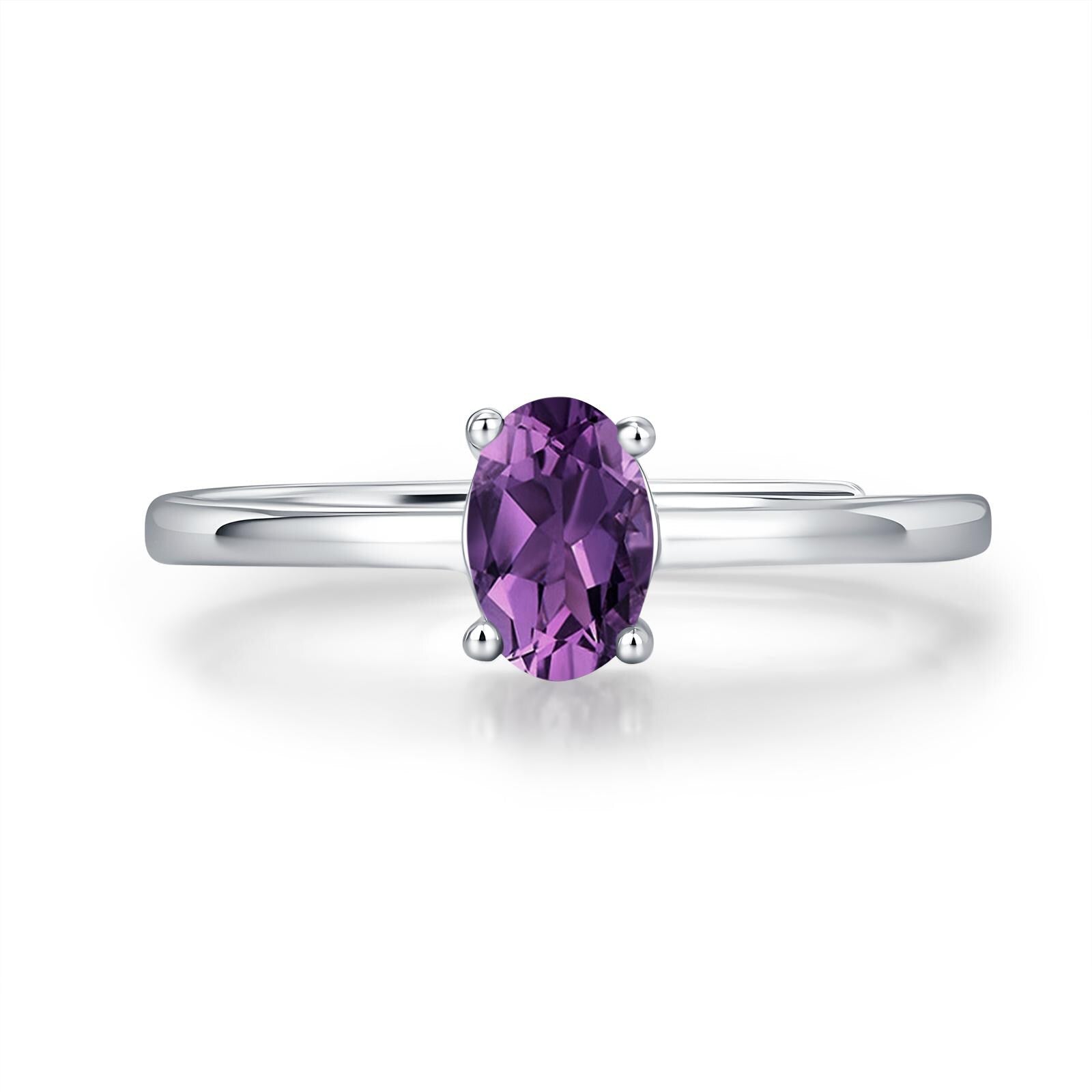Natural Amethyst Oval Ring in Sterling Silver, 4x6mm, Prong Set Oval Cut, Adjustable Size, Genuine Amethyst Ring, February Birthstone