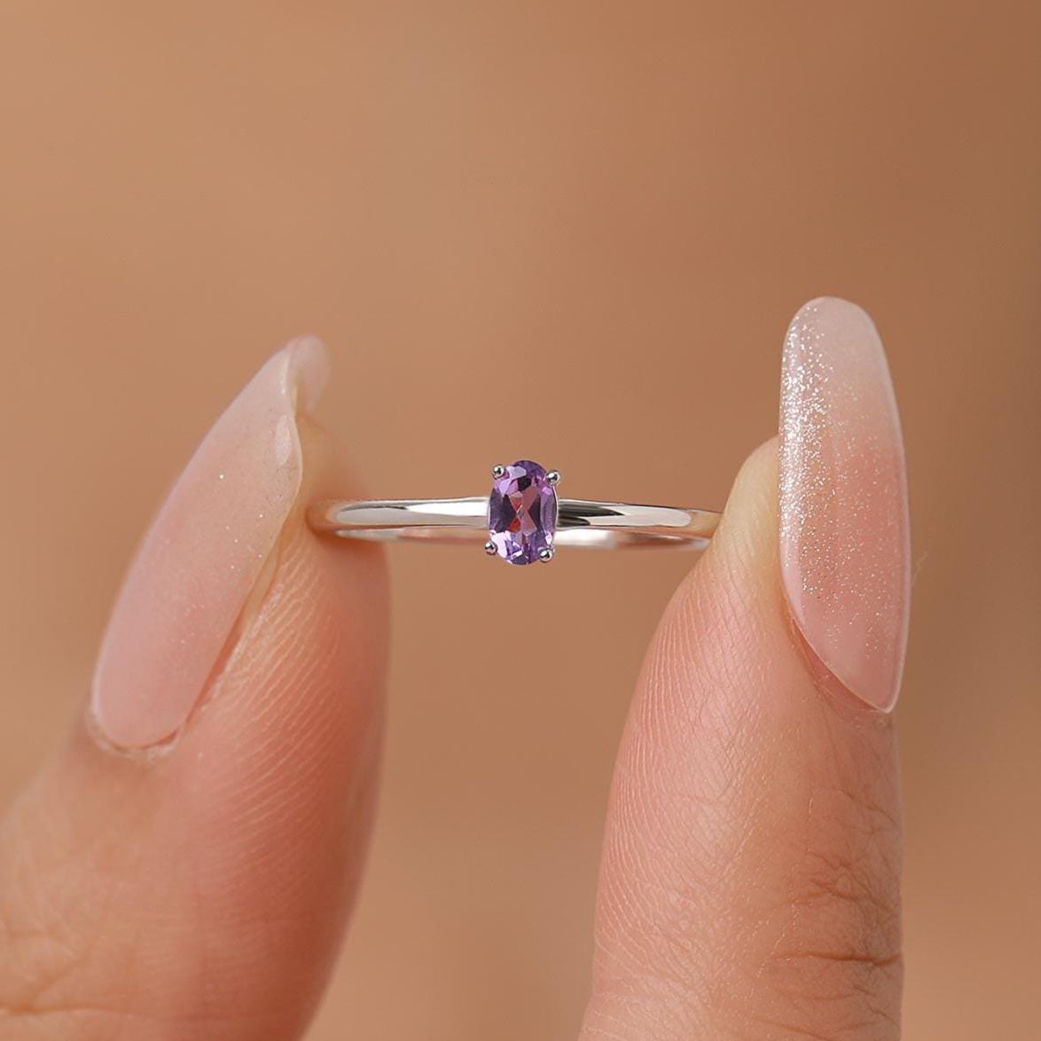 Natural Amethyst Oval Ring in Sterling Silver, 4x6mm, Prong Set Oval Cut, Adjustable Size, Genuine Amethyst Ring, February Birthstone