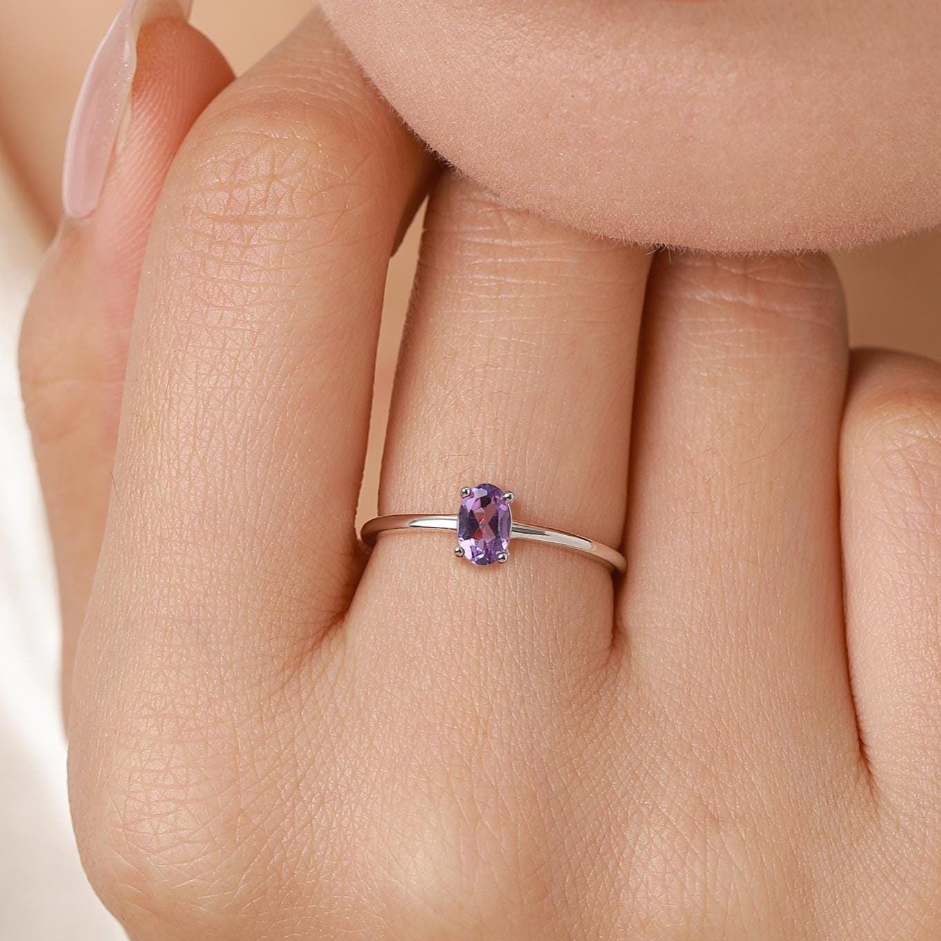 Natural Amethyst Oval Ring in Sterling Silver, 4x6mm, Prong Set Oval Cut, Adjustable Size, Genuine Amethyst Ring, February Birthstone