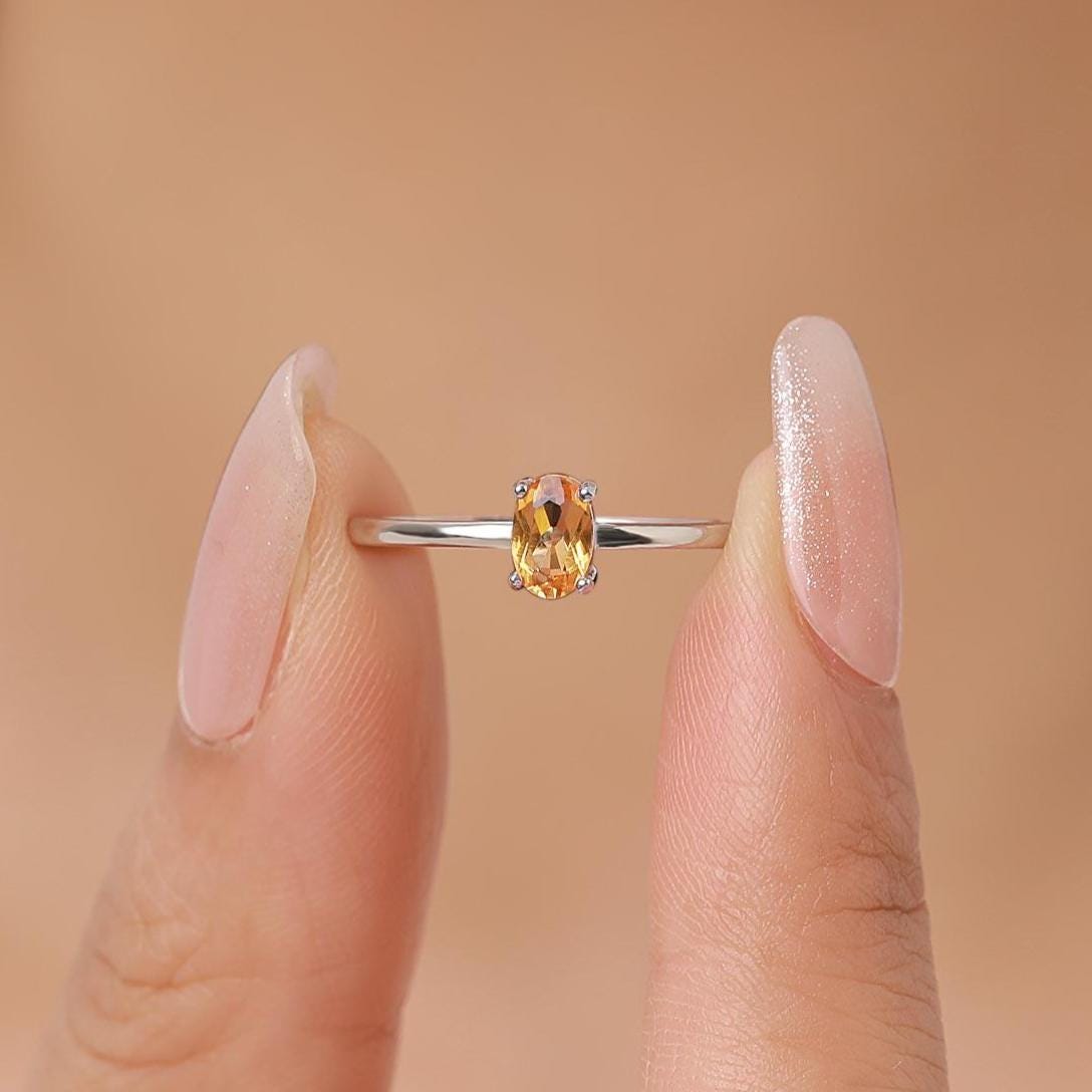 Natural Citrine Oval Ring in Sterling Silver, 4x6mm, Prong Set Oval Cut, Adjustable Size, Genuine Citrine Ring, November Birthstone