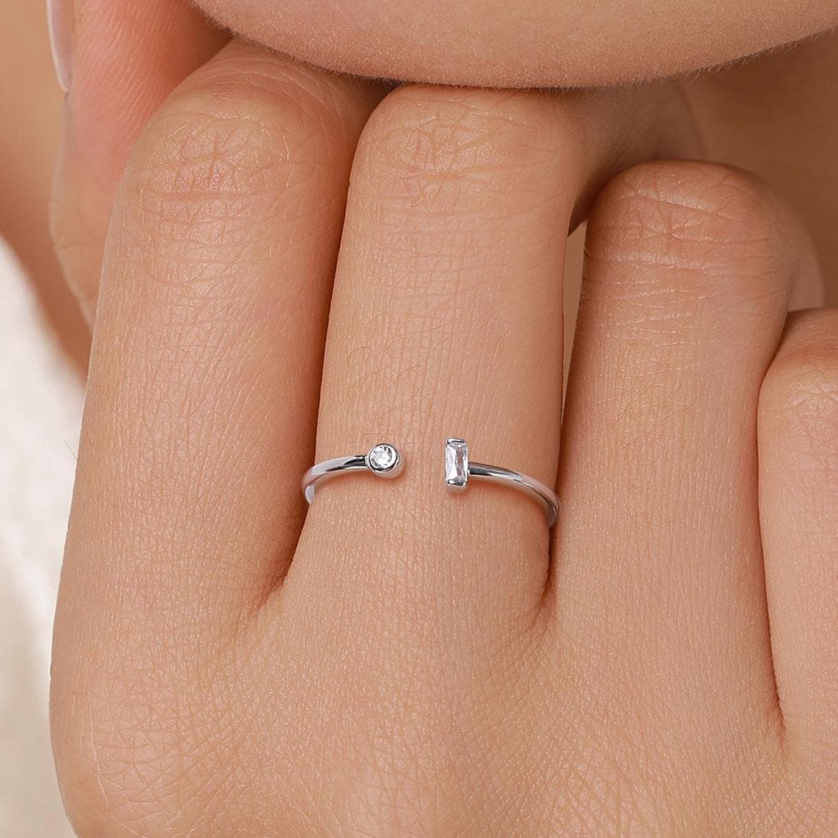 Baguette CZ Open Ring in Sterling Silver, Silver or Gold, Adjustable, Baguette Ring, Minimalist CZ Ring, Geometric Ring