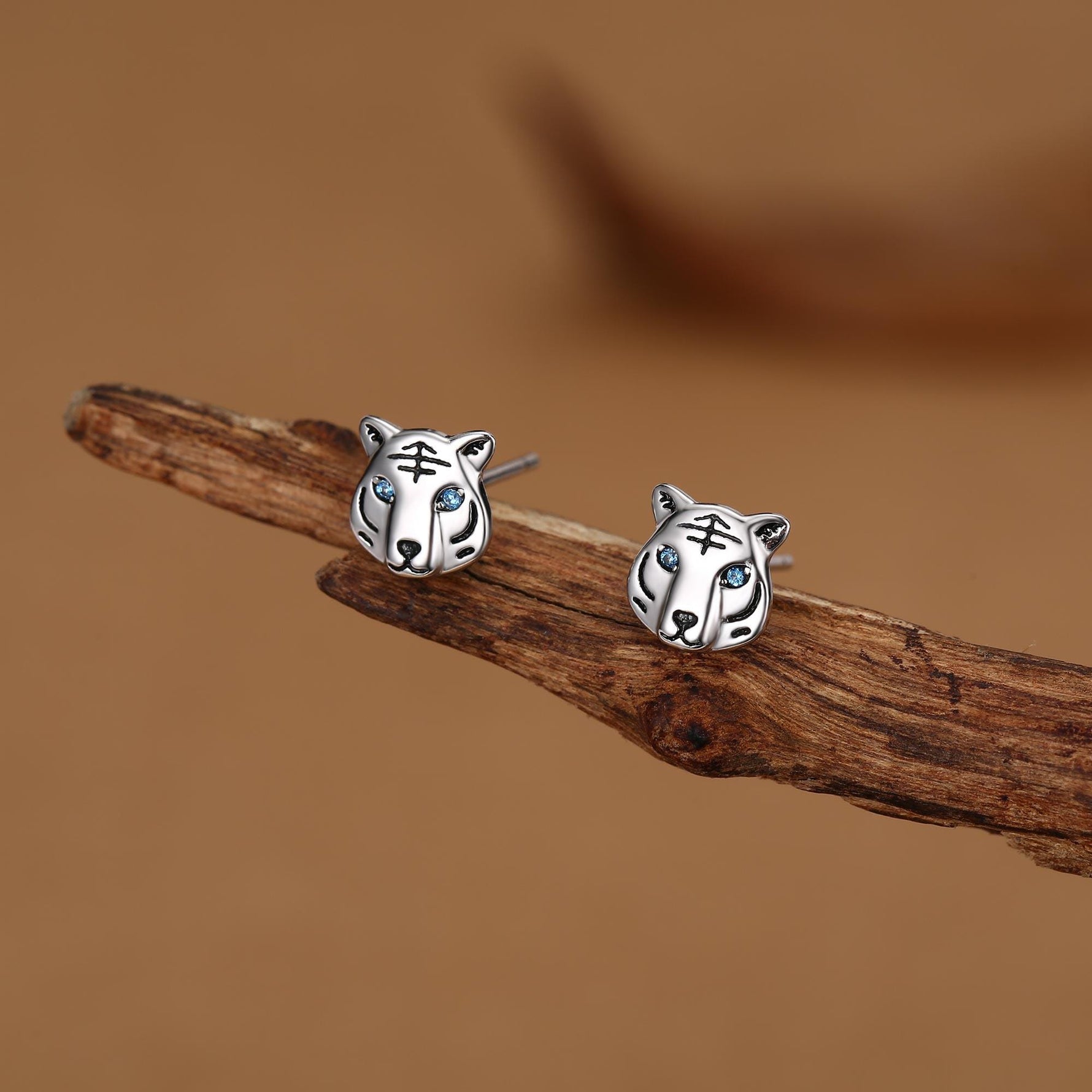 Blue Eyed Tiger Stud Earrings in Sterling Silver, Silver or Gold, Animal Earrings, Nature Inspired