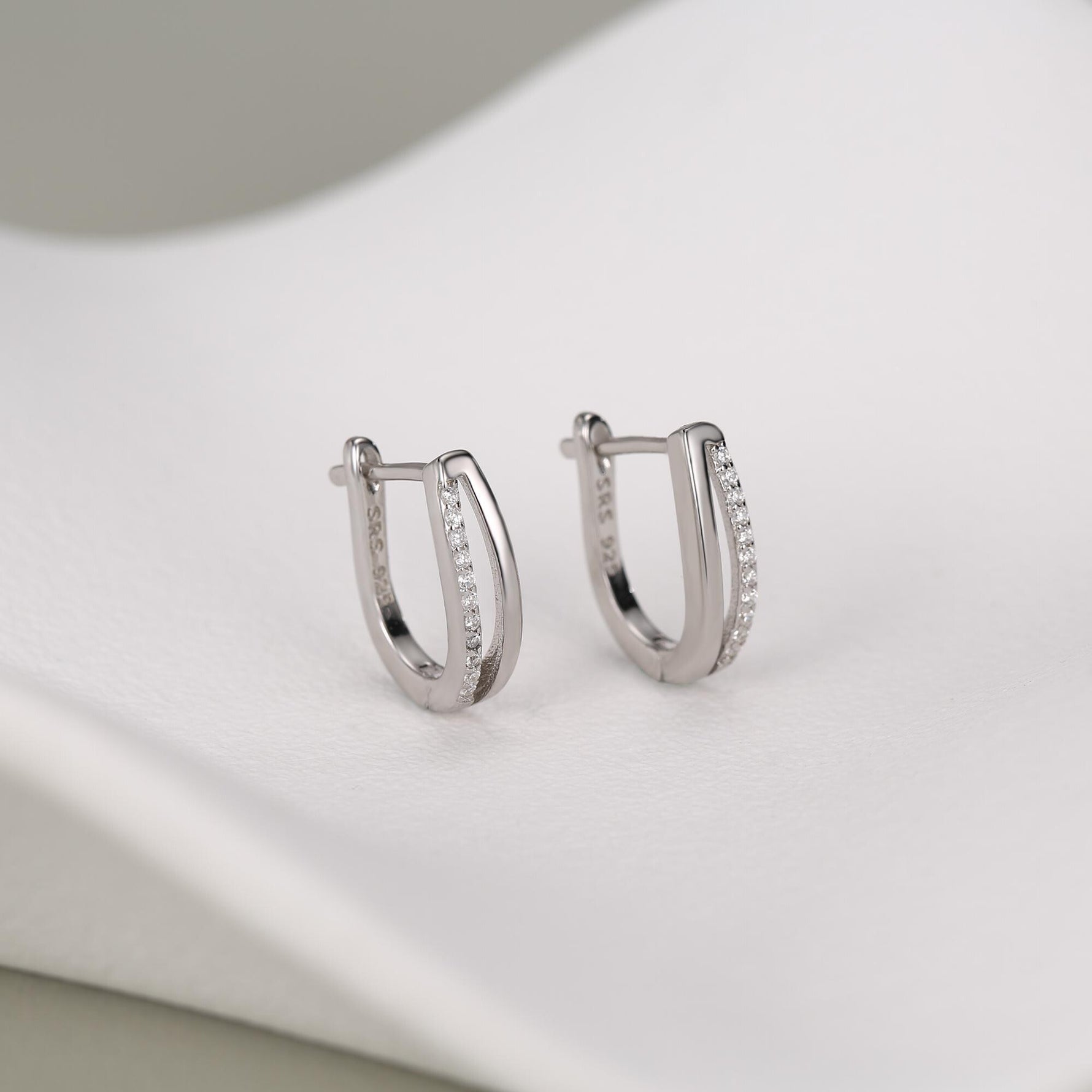 Double Huggie Hoop CZ Earrings in Sterling Silver, Geometric CZ Hoop Earrings, Silver, Gold or Rose Gold, 10mm, Minimalist Hoops