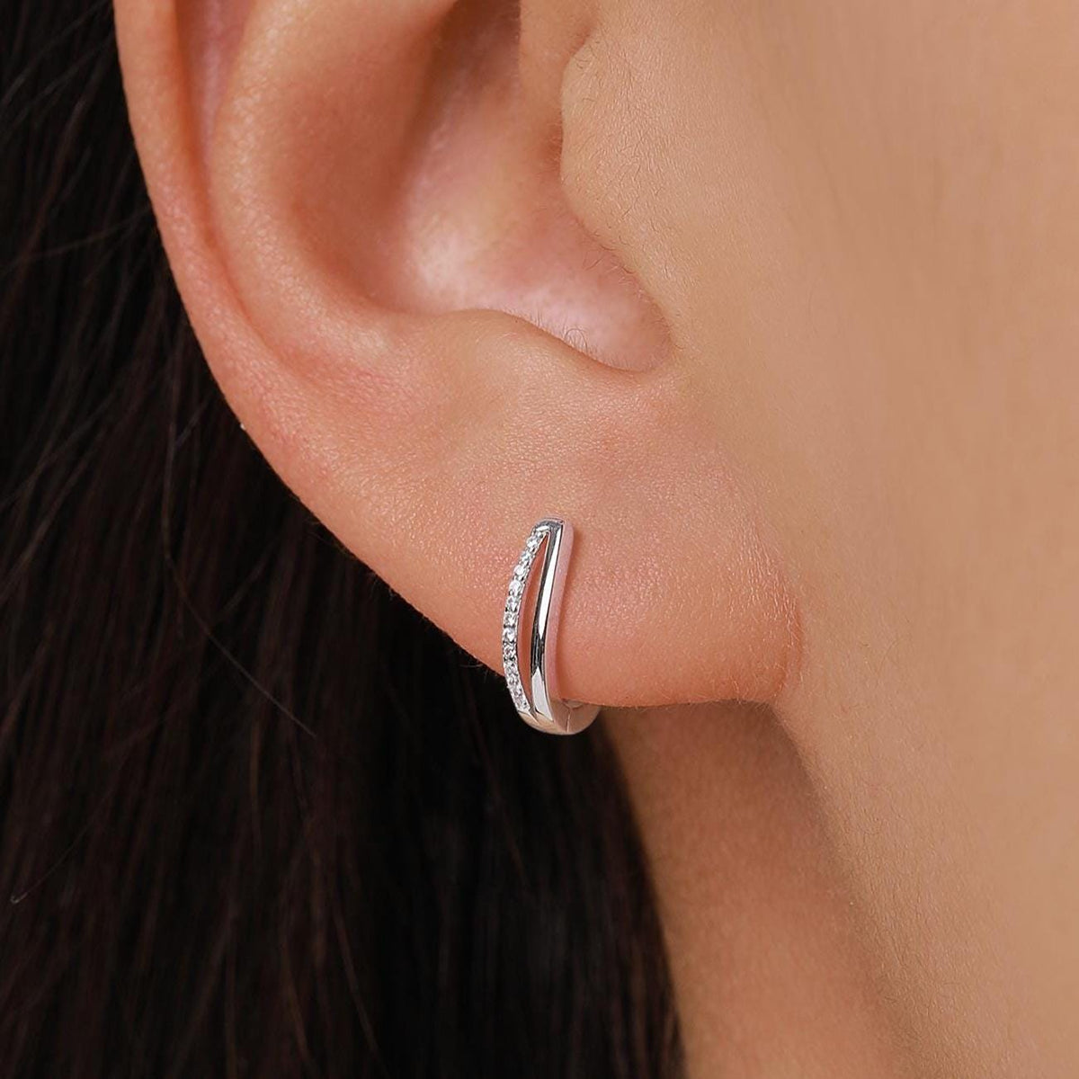 Double Huggie Hoop CZ Earrings in Sterling Silver, Geometric CZ Hoop Earrings, Silver, Gold or Rose Gold, 10mm, Minimalist Hoops