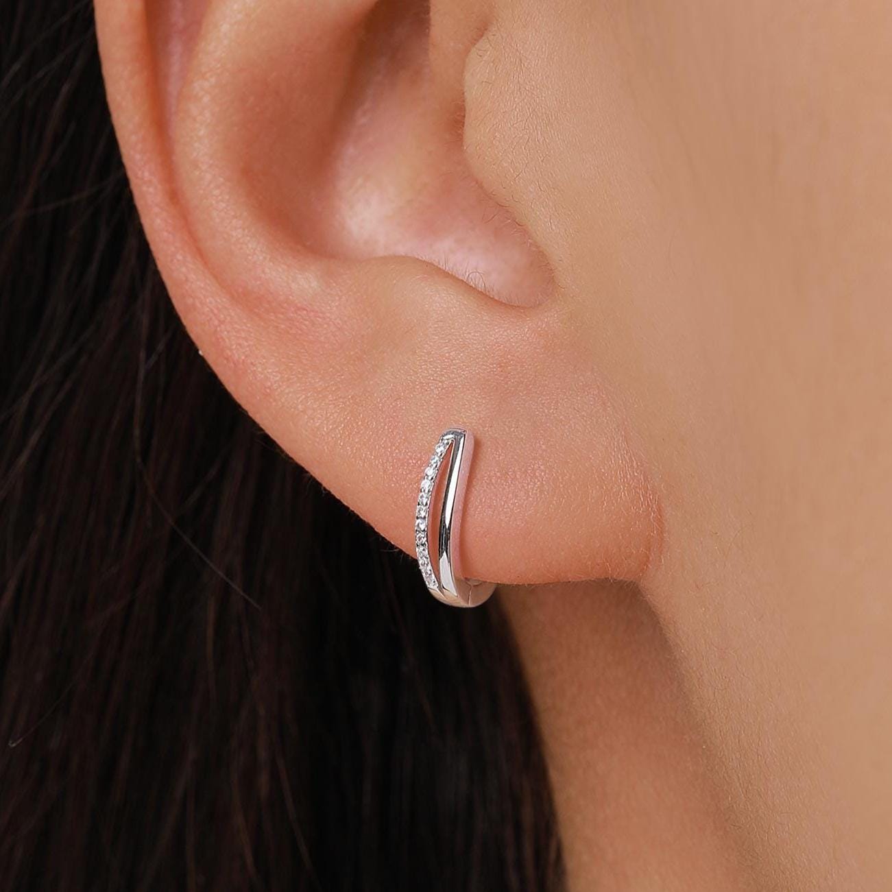 Double Huggie Hoop CZ Earrings in Sterling Silver, Geometric CZ Hoop Earrings, Silver, Gold or Rose Gold, 10mm, Minimalist Hoops