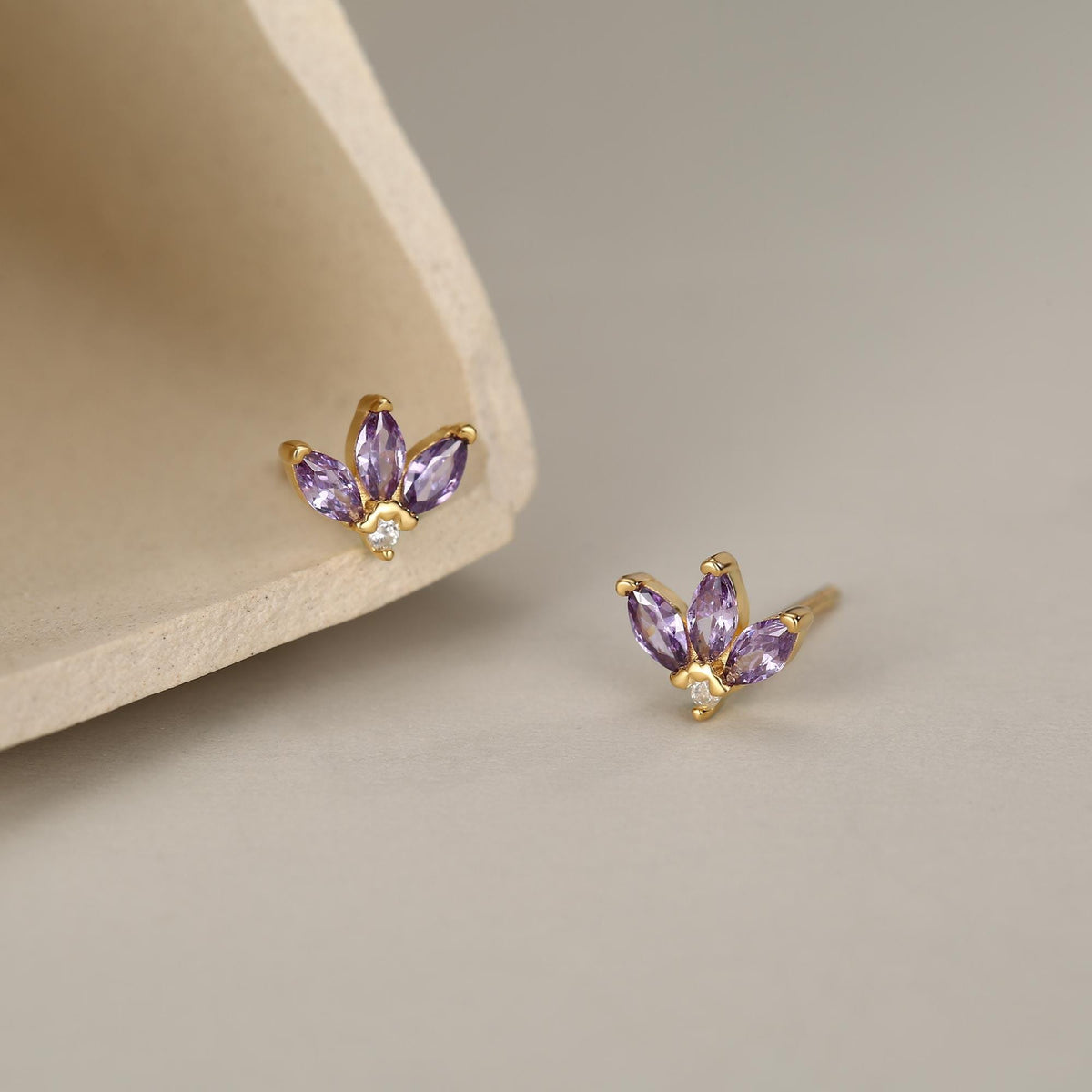Sterling Silver Amethyst Purple CZ Marquise Cluster Stud Earrings, Gold or Silver, Marquise Fan Stud, CZ Crown Stud, Three Marquise Stud