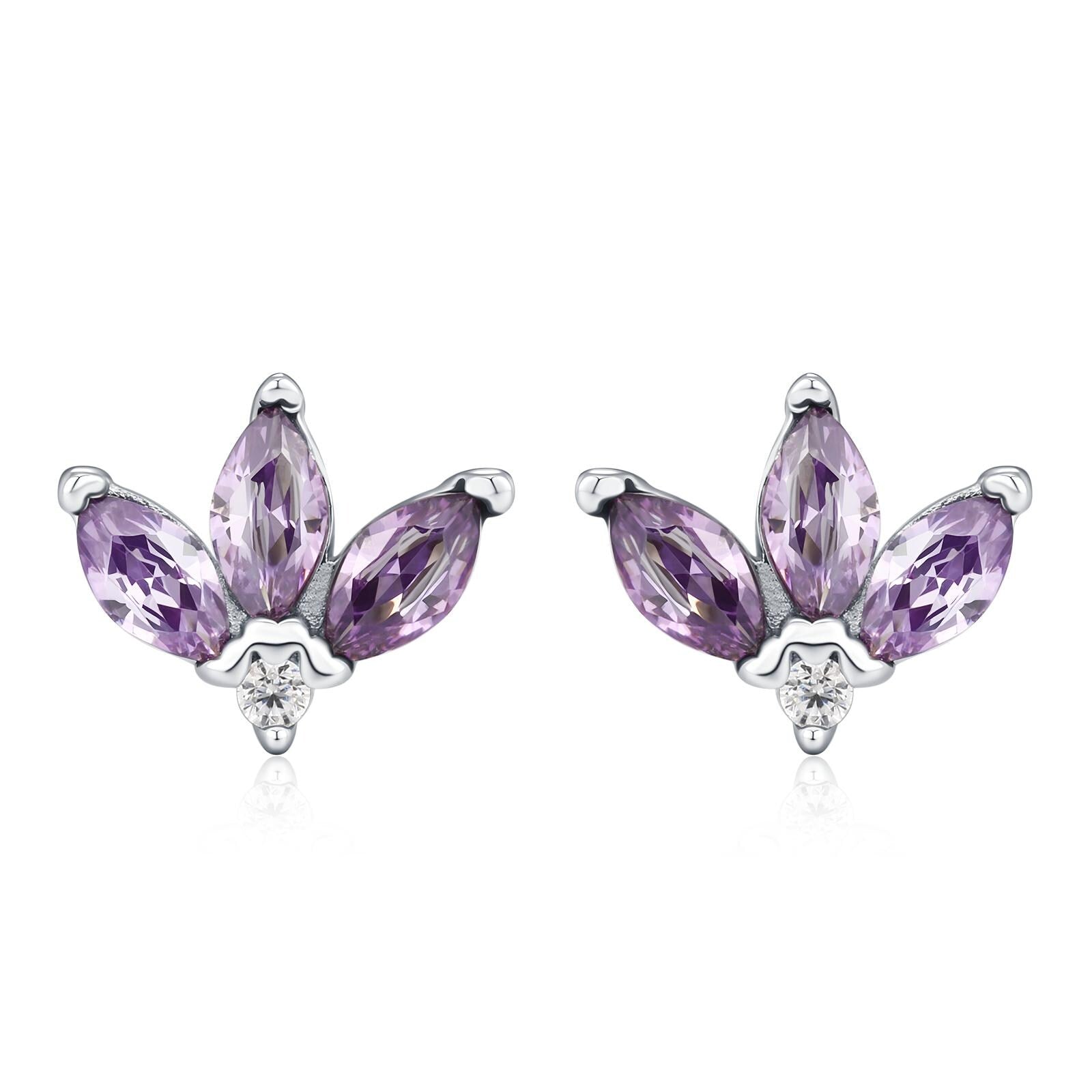 Sterling Silver Amethyst Purple CZ Marquise Cluster Stud Earrings, Gold or Silver, Marquise Fan Stud, CZ Crown Stud, Three Marquise Stud