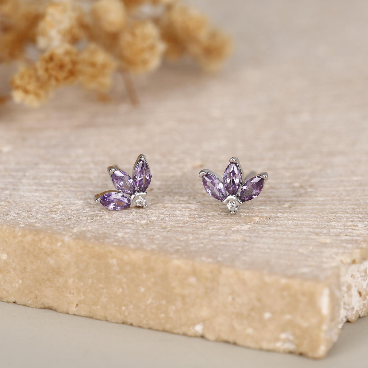 Sterling Silver Amethyst Purple CZ Marquise Cluster Stud Earrings, Gold or Silver, Marquise Fan Stud, CZ Crown Stud, Three Marquise Stud