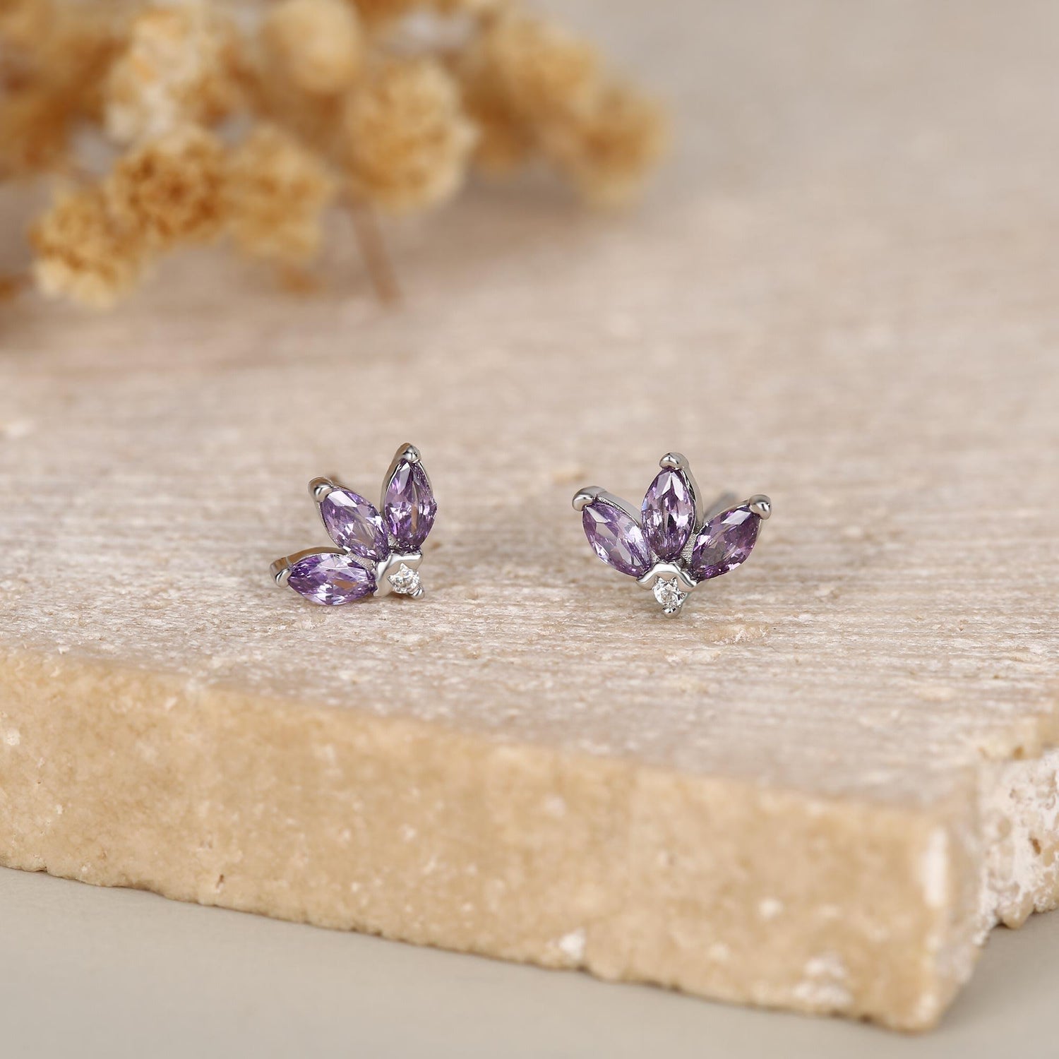 Sterling Silver Amethyst Purple CZ Marquise Cluster Stud Earrings, Gold or Silver, Marquise Fan Stud, CZ Crown Stud, Three Marquise Stud