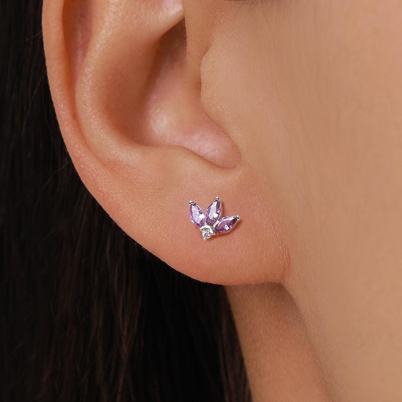 Sterling Silver Purple Marquise CZ Lotus 16G Flat Back Earrings