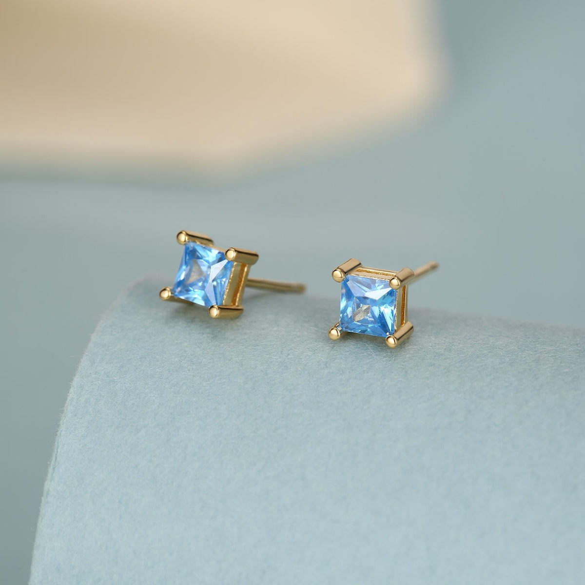 Princess Cut Aquamarine Blue CZ Stud Earrings in Sterling Silver, Square Cut Crystal Earrings, Lilac Purple CZ, March Birthstone