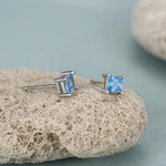 Princess Cut Aquamarine Blue CZ Stud Earrings in Sterling Silver, Square Cut Crystal Earrings, Lilac Purple CZ, March Birthstone
