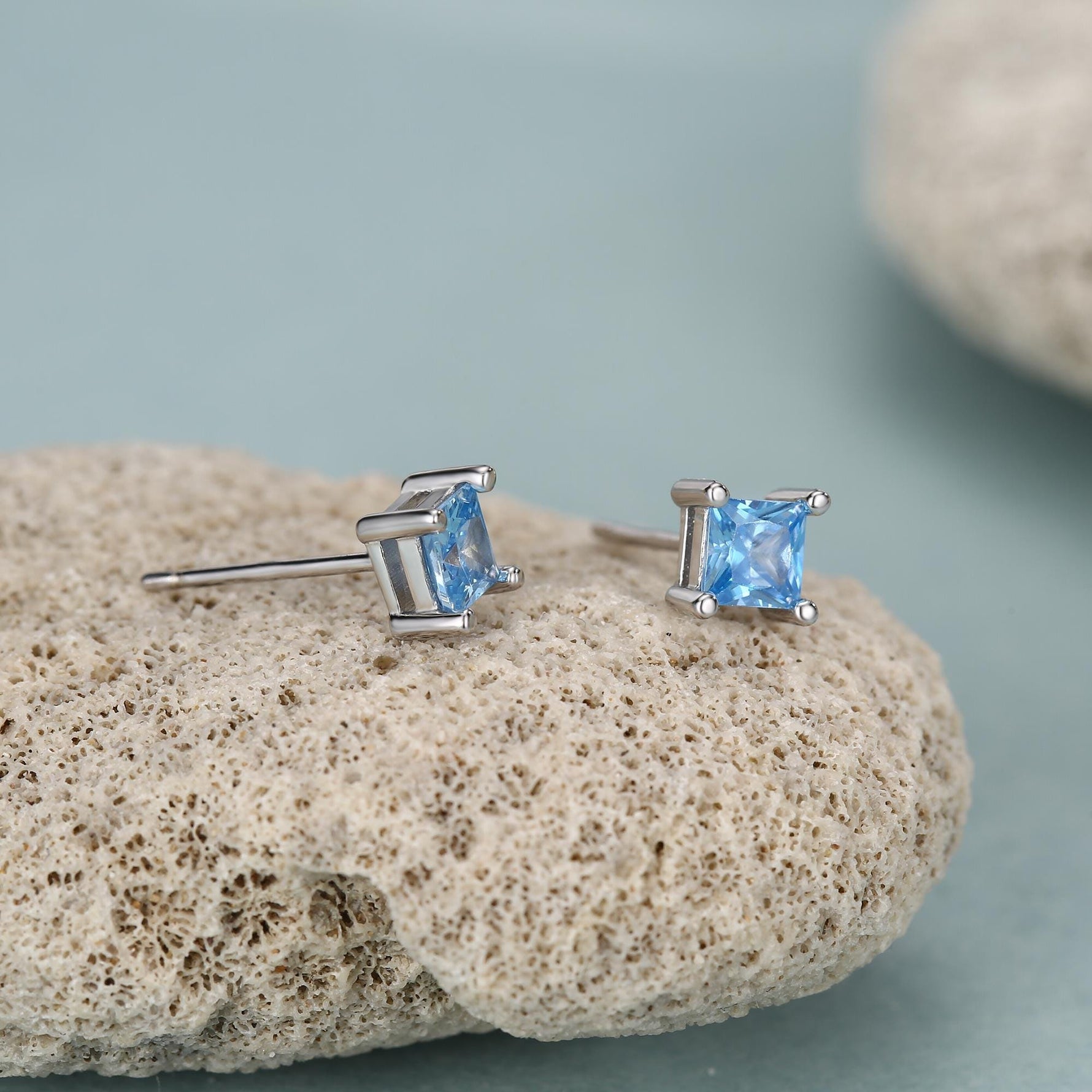Princess Cut Aquamarine Blue CZ Stud Earrings in Sterling Silver, Square Cut Crystal Earrings, Lilac Purple CZ, March Birthstone