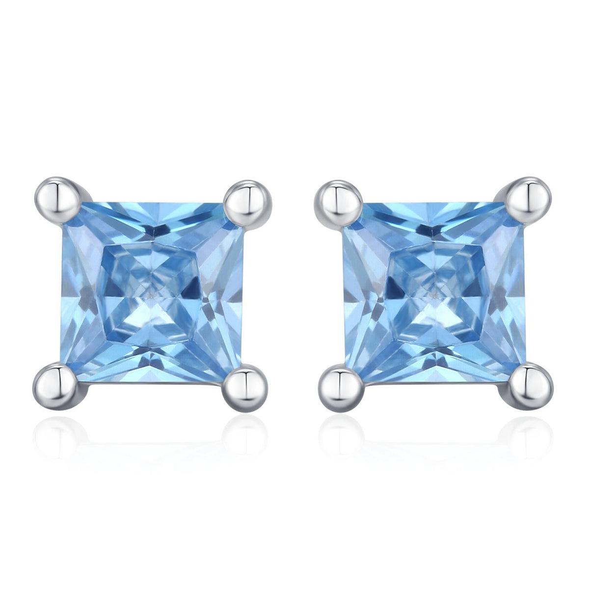 Princess Cut Aquamarine Blue CZ Stud Earrings in Sterling Silver, Square Cut Crystal Earrings, Lilac Purple CZ, March Birthstone