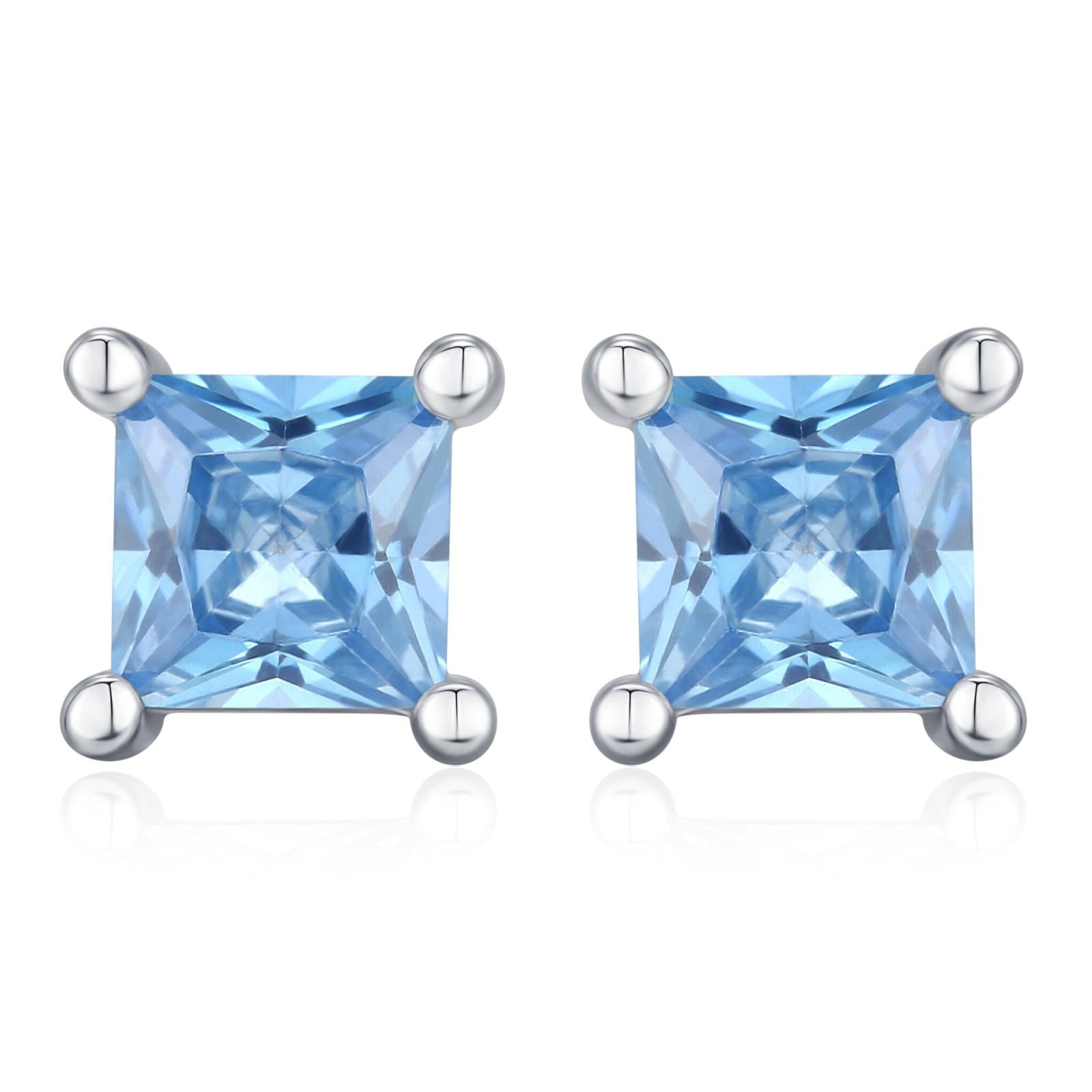 Princess Cut Aquamarine Blue CZ Stud Earrings in Sterling Silver, Square Cut Crystal Earrings, Lilac Purple CZ, March Birthstone