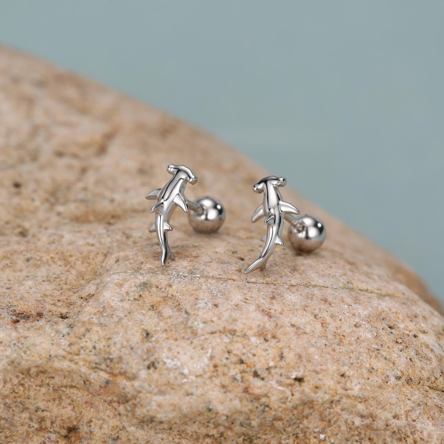 Sterling Silver Hammerhead Shark Screw Back Earrings