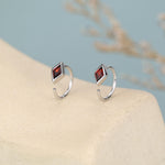 Sterling Silver Garnet Red Rhombus CZ Open Hoop Earrings