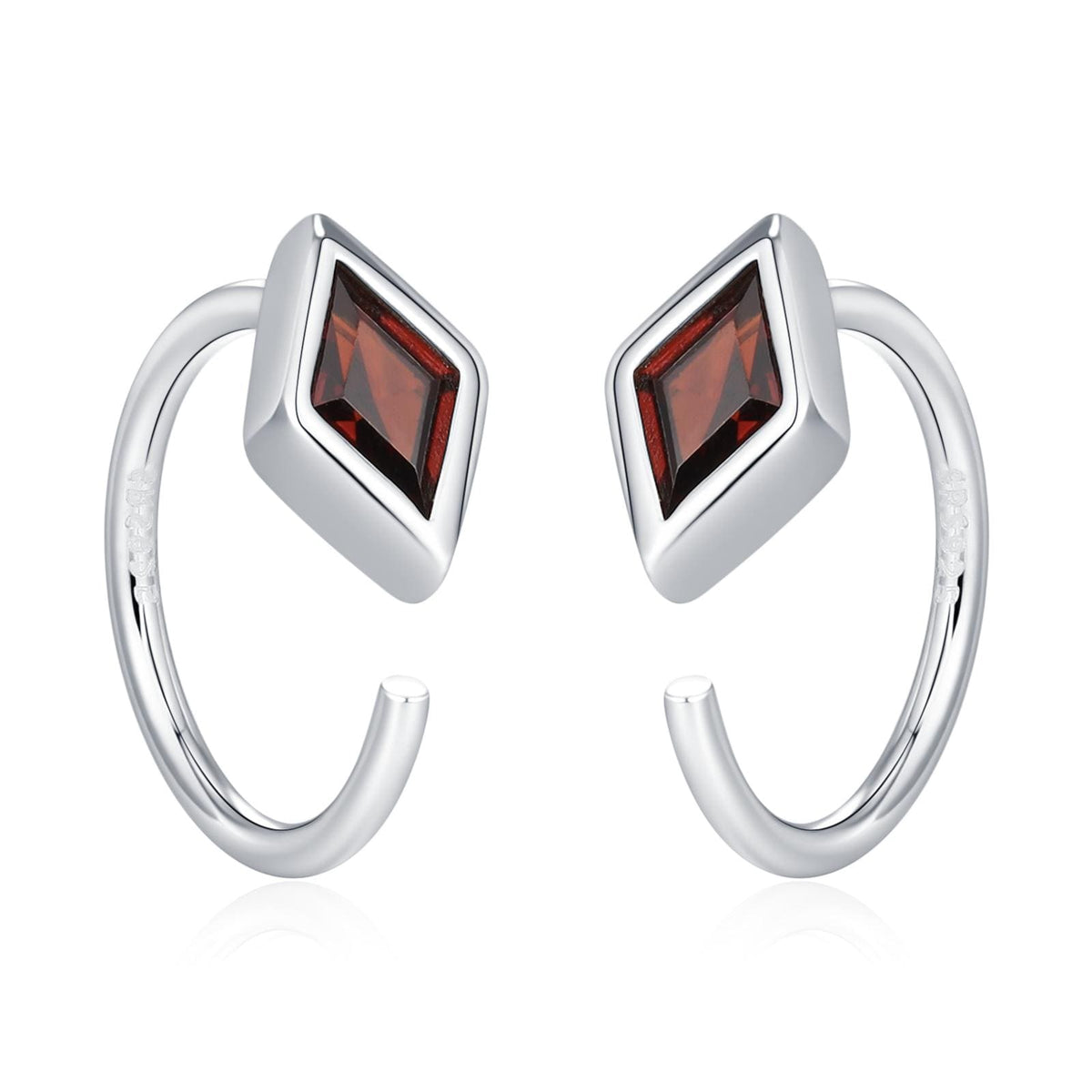 Sterling Silver Garnet Red Rhombus CZ Open Hoop Earrings