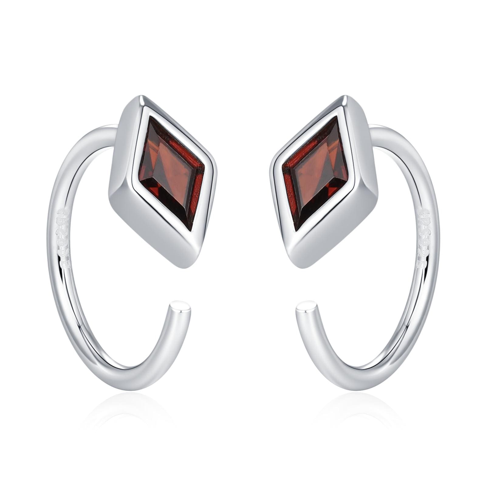 Sterling Silver Garnet Red Rhombus CZ Open Hoop Earrings